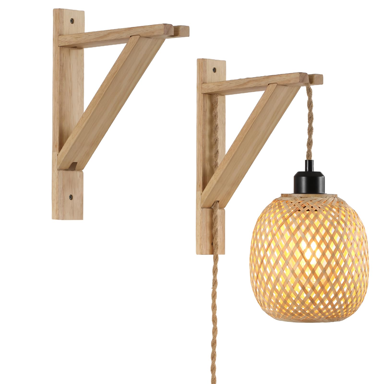 SEEBLEN Rustic Wood Wall Mount Brackets (Set of 2) - Light & Natural Finish for Hanging Pendant Lights, Plants, Shelves - Adjust