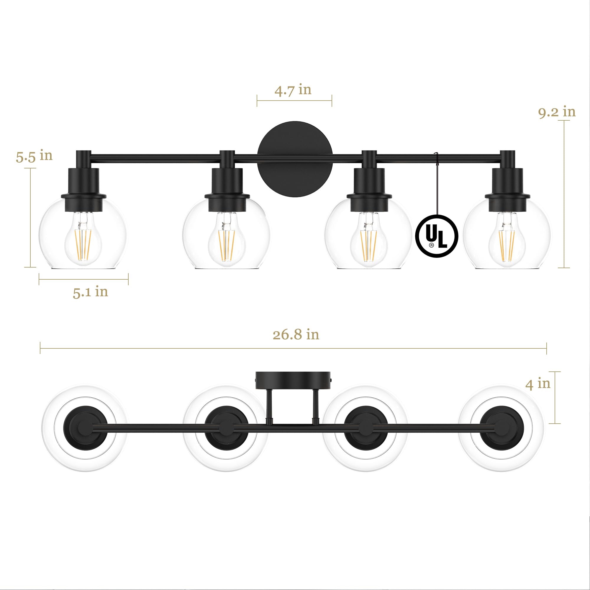Espird Matte Black 4 Lights Bathroom Vanity Light Fixture, Industrial Farmhouse Sconce