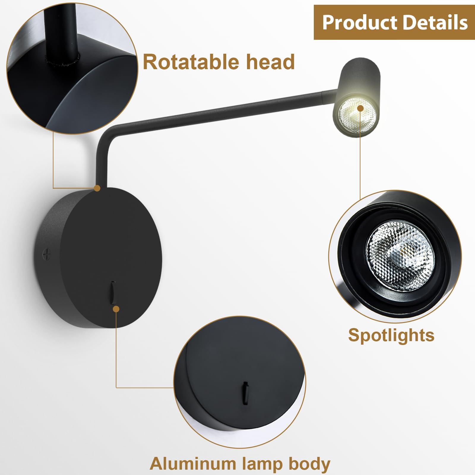 ZEROUNO Wall Mounted Reading Light, Modern LED Sconce, 3000K, Black, Aluminum, Model ZRWS456, Perfect for Bedroom