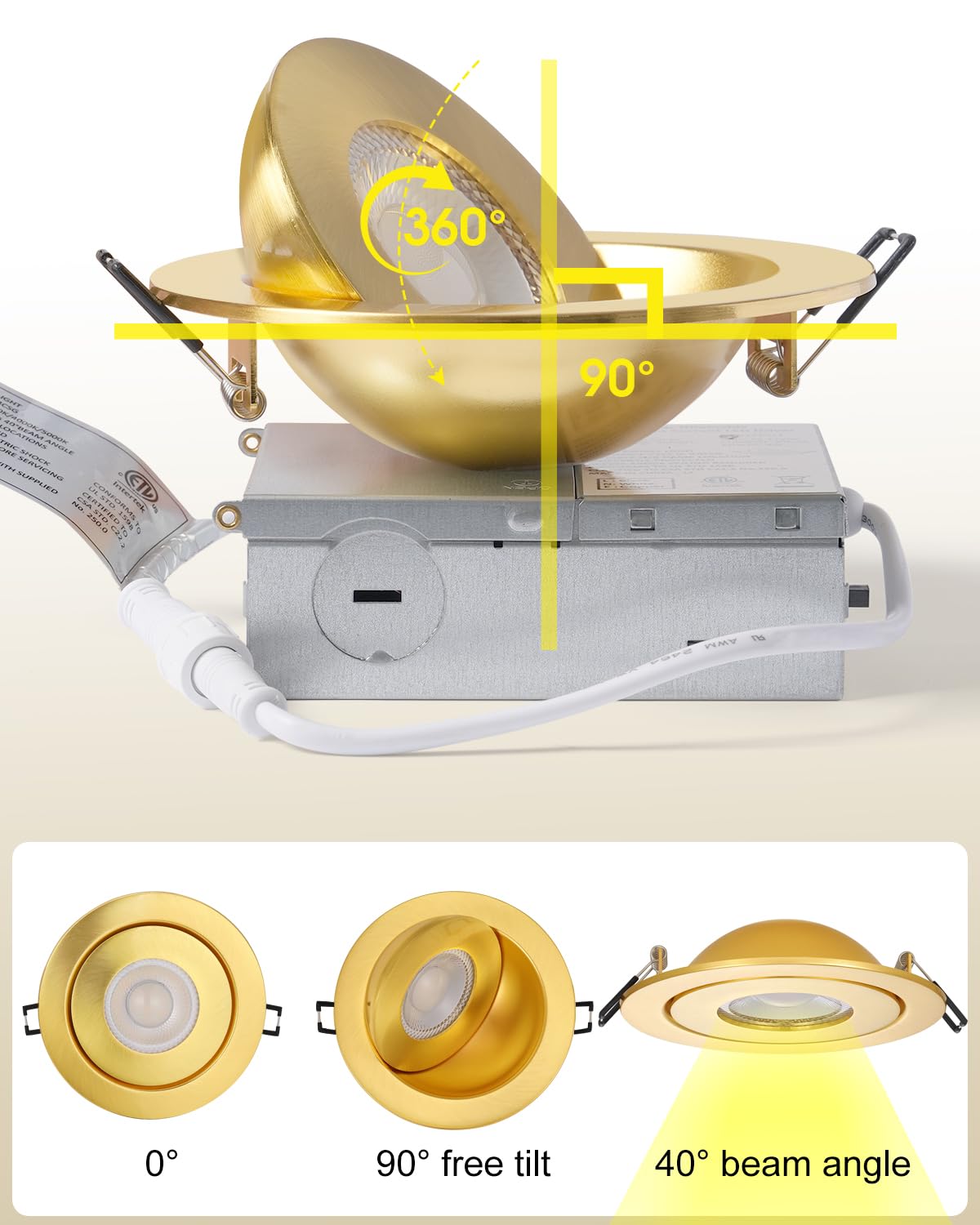 POPANU 4 Inch LED Recessed Light, 9W Gold Gimbal, Dimmable Spotlight, 90° Tilt, 6 Pack, Aluminum
