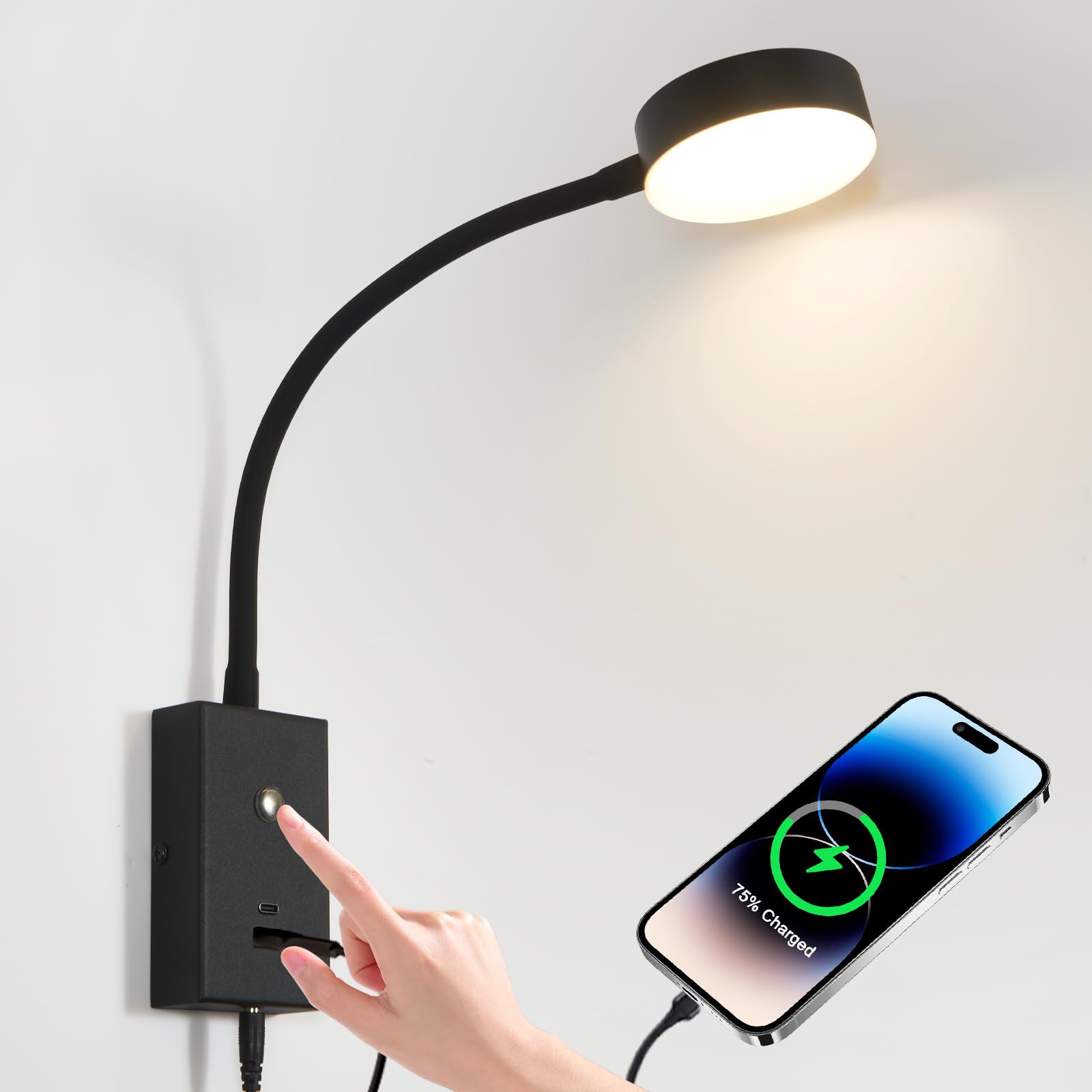 NOVCAND LED Wall Mounted Reading Light for Bed, Flexible Gooseneck Book Light for Wall Bedside Lamp with USB-A/C Output,Touch Co