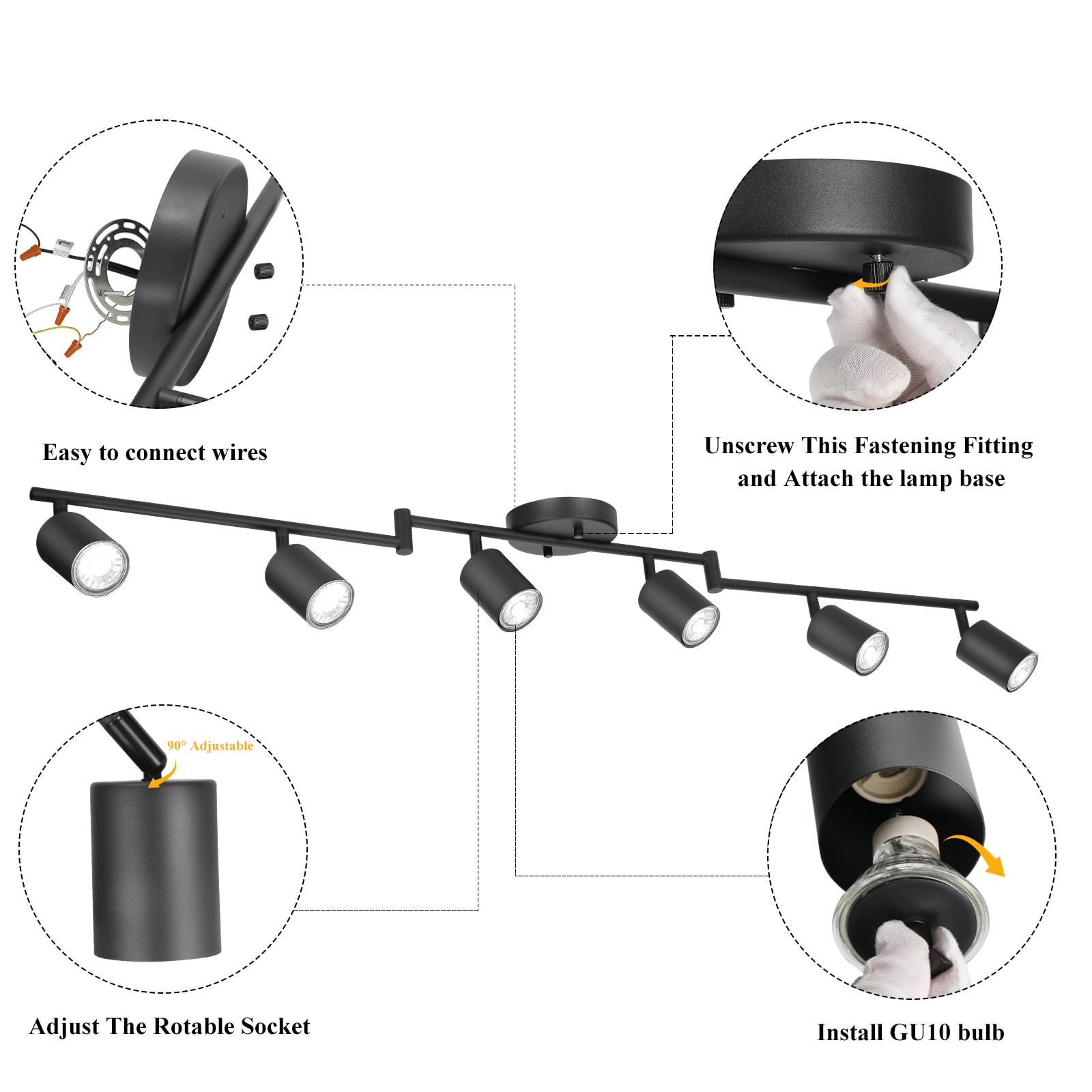 Boostarea Led 6 Light Track Lighting Kit, Black 6 Way Ceiling Spot Lighting, Flexibly Rotatable Light Head For Kitchen, Living R
