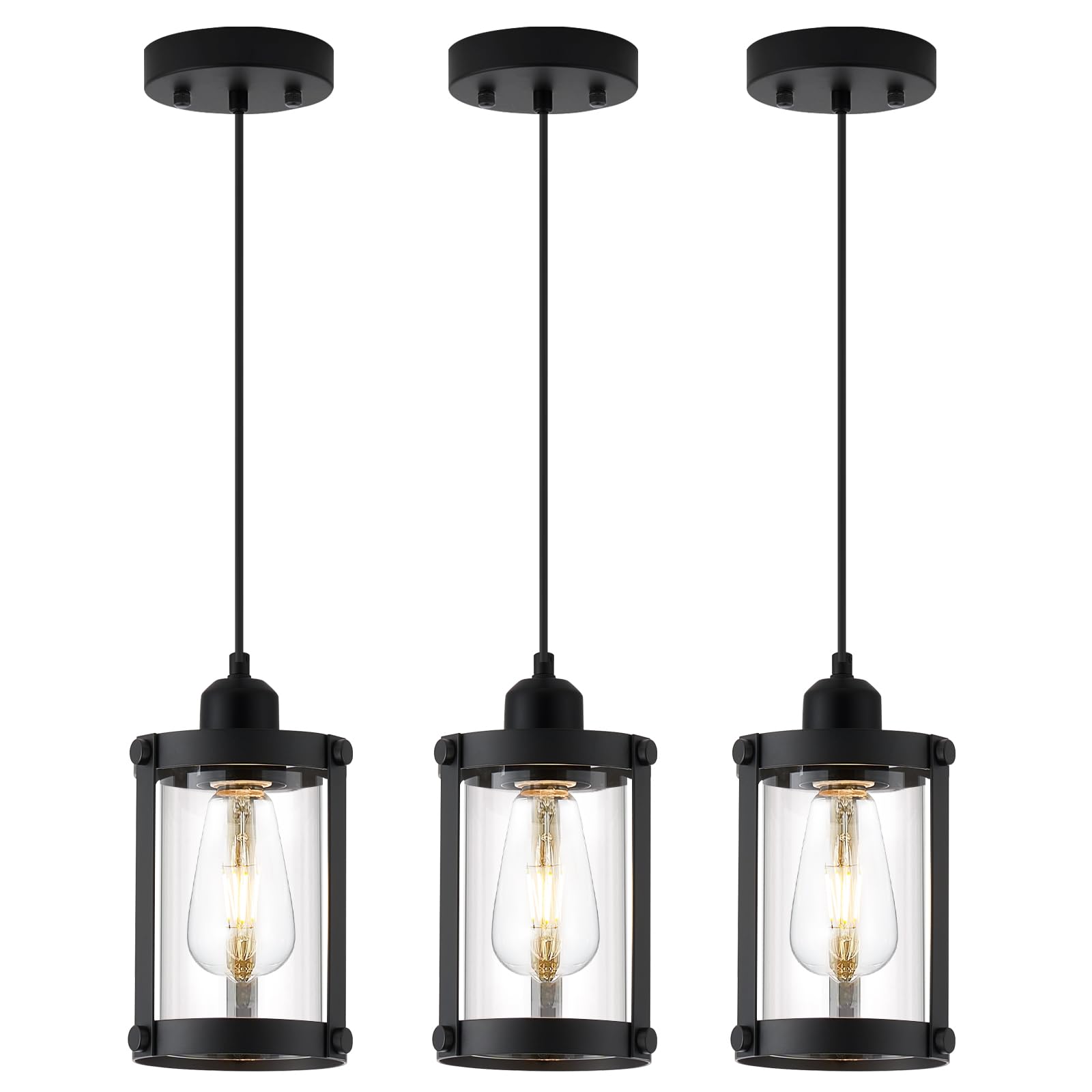 Osimir Black Pendant Lights Kitchen Island 3 Pack, Modern Kitchen Pendant Lighting Over Island with Clear Glass, Farmhouse Mini 