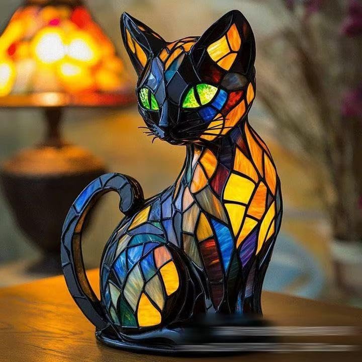 Yevheniy Cat Lamp, Cats Series Art Night Light, 3D Cute Pet Vintage Home Decor, Retro Stained Resin Tabletop LED Night Light, Fu