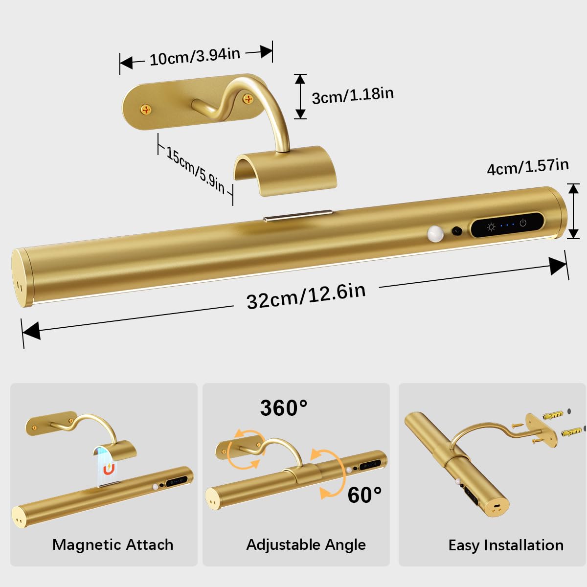 Hapfish Motion Sensor Wall Sconce, Wireless Rechargeable Picture Light, Remote Control, Gold