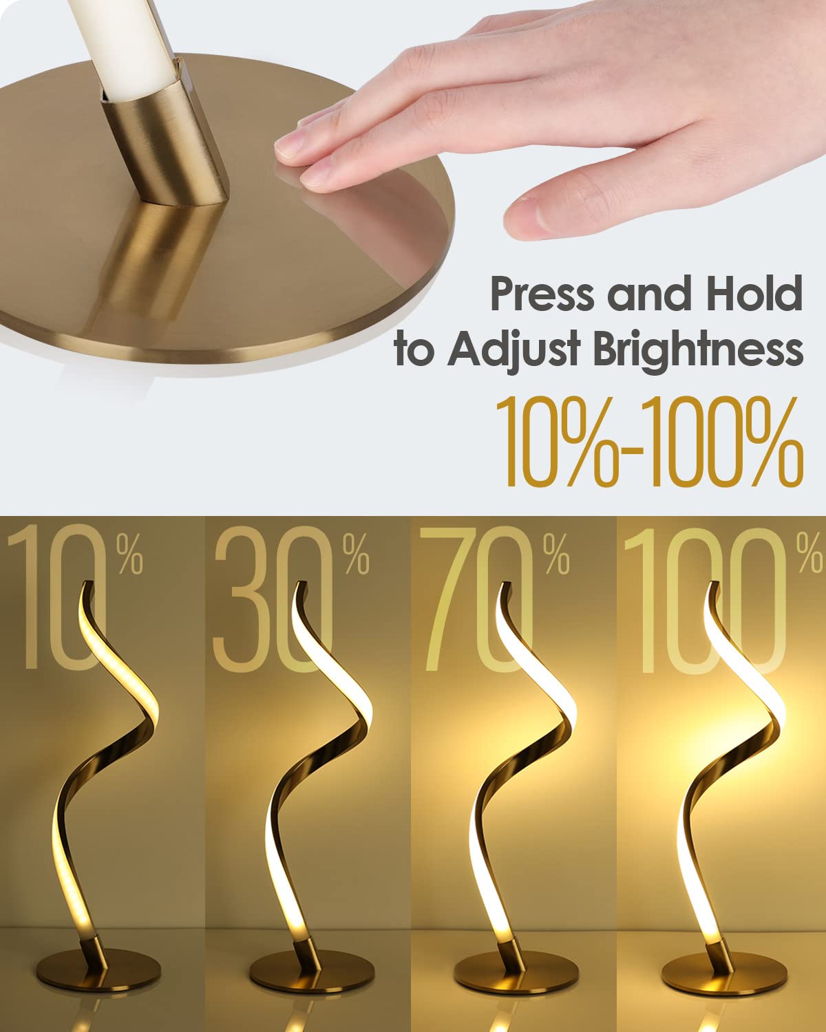 Yarra-Decor Modern Spiral Bedside Lamp - Touch Control LED, Dimmable, Compact, Gold, Model TD-010SPIRAL, 3000K/4000K/5000