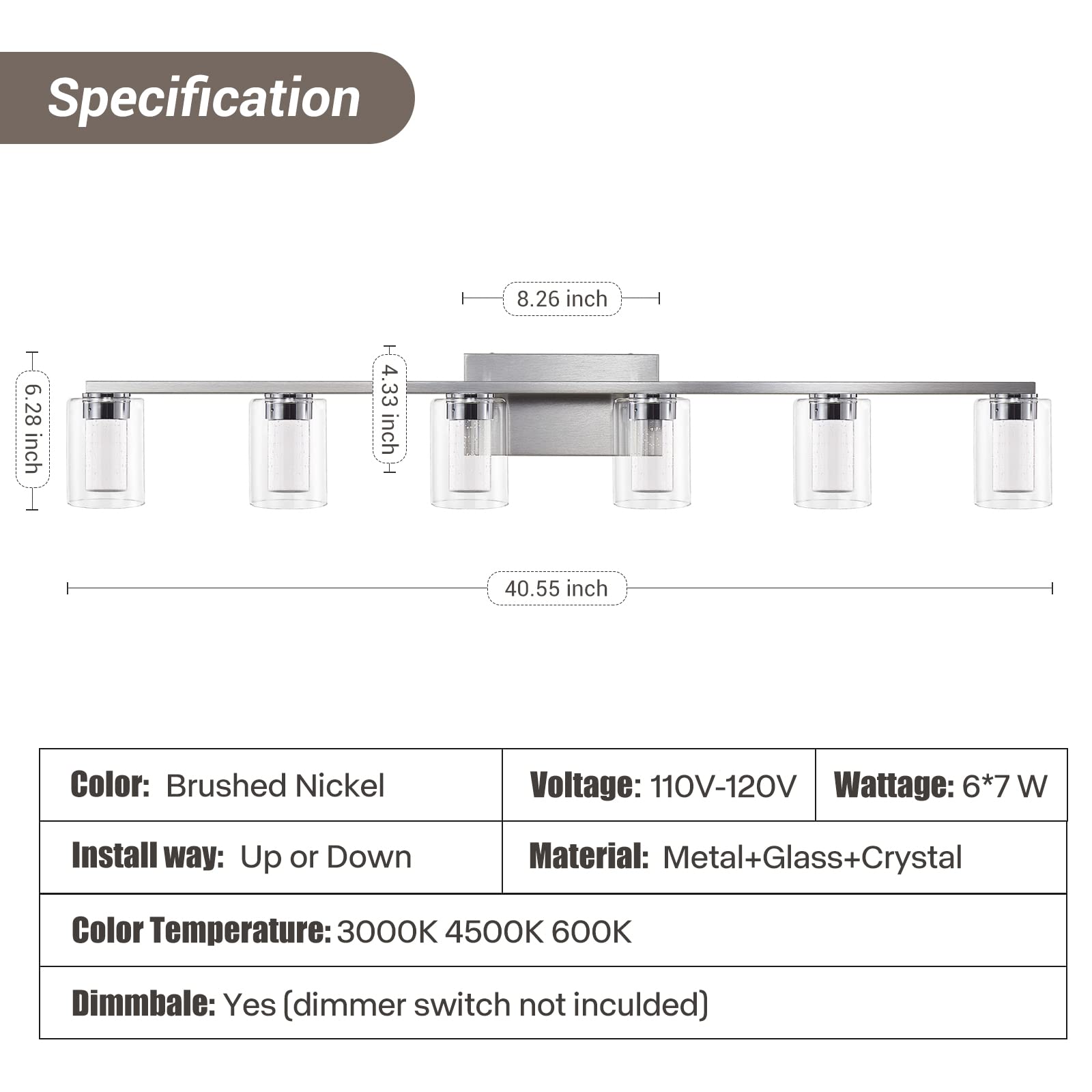 6 Light Bathroom Light Fixtures, Brushed Nickel Bathroom Vanity Light, Crystal Bubble Glass With Dimmable 3-Color (White/Neutral/Warm), Led Bathroom Wall Sconce For Bathroom Hallway Living Room