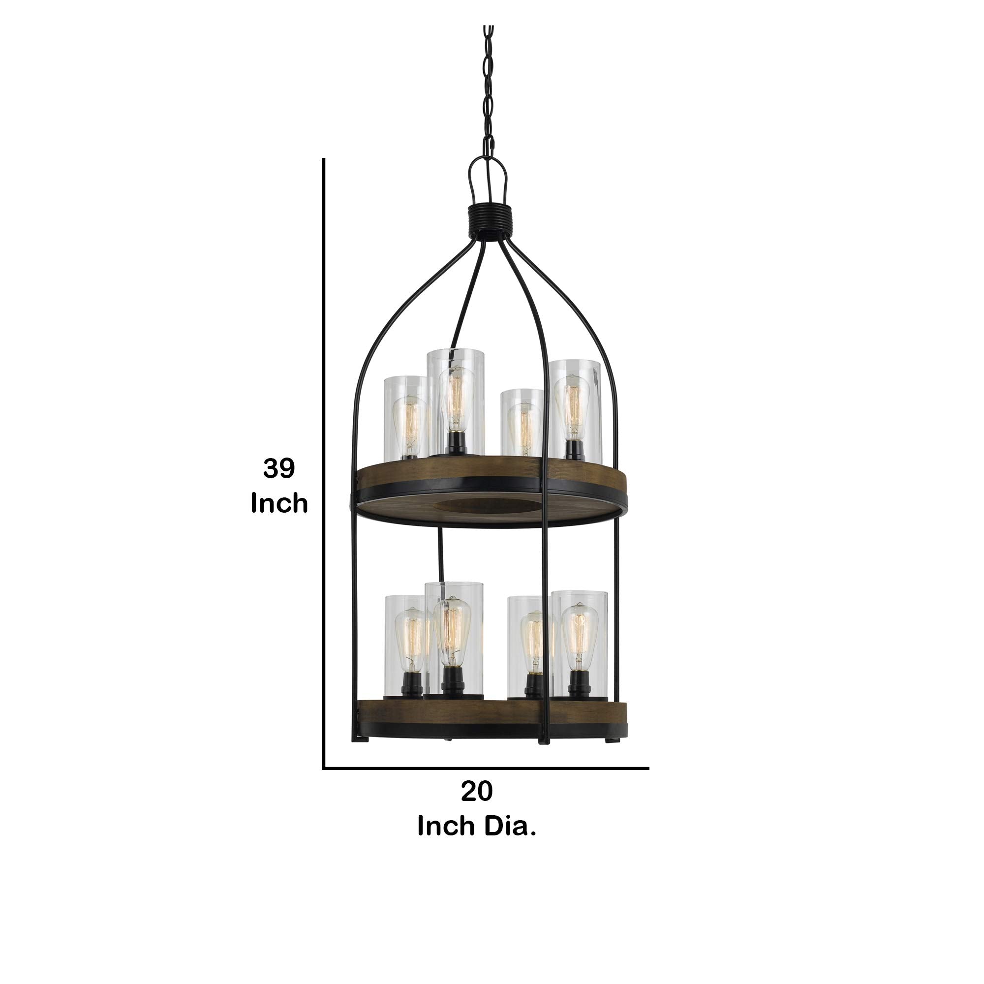 Benjara Bm225621 Two Tier Pendant Fixture With Round Wooden And Metal Frame, Brown And Black