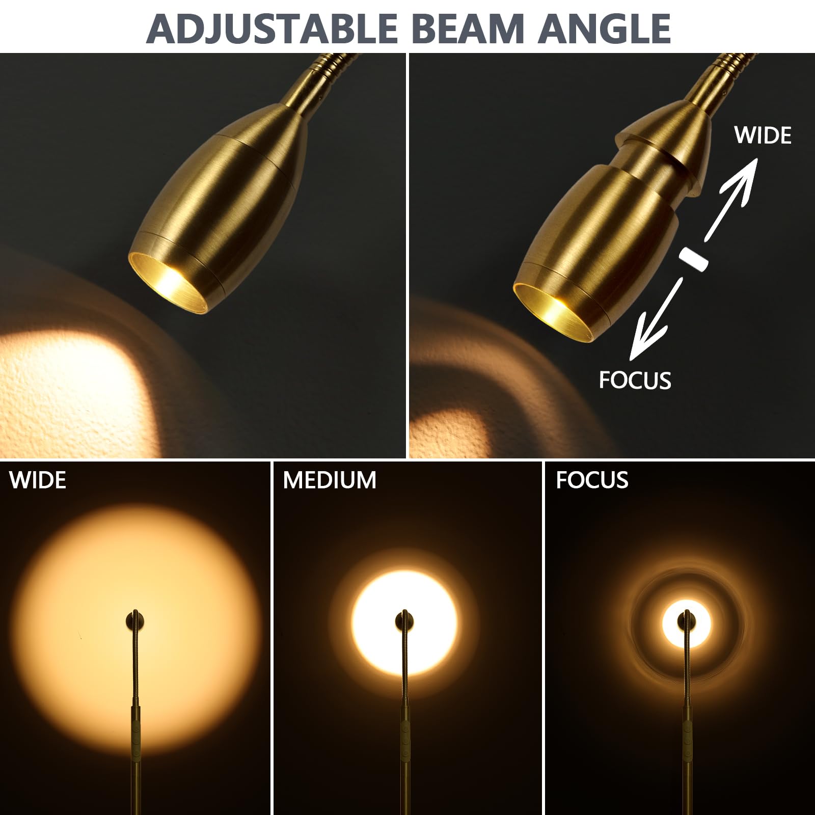 AUZONIMICS Reading Floor Lamp - 72" Tall LED, Flexible Gooseneck, Dimmable, Light Gold, Model FLL-007-F2-GD