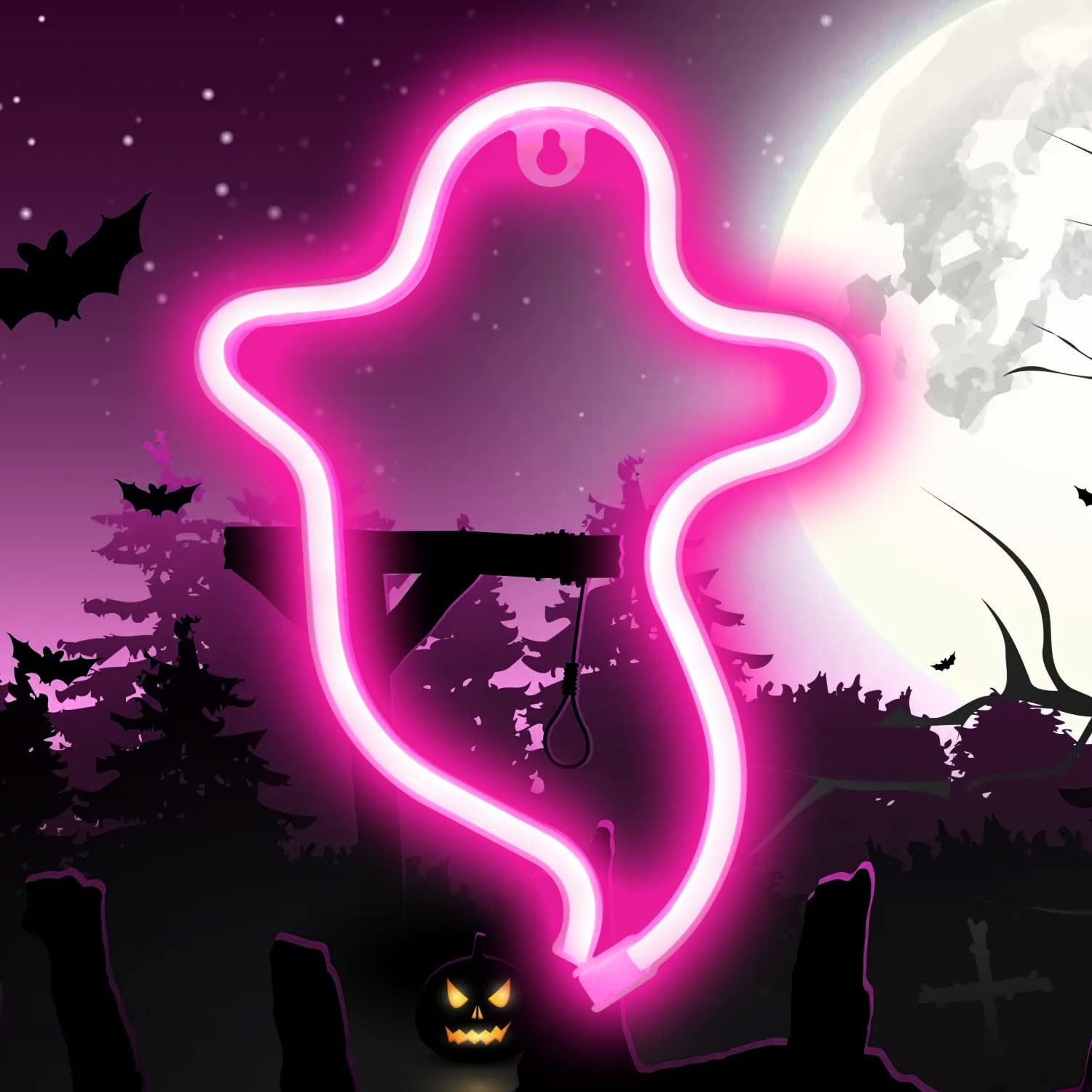 Vicila Ghost Neon Sign, Gothic LED Night Light, USB/Battery Operated, Pink Decor for Home, Wall, Halloween, Party, Christmas
