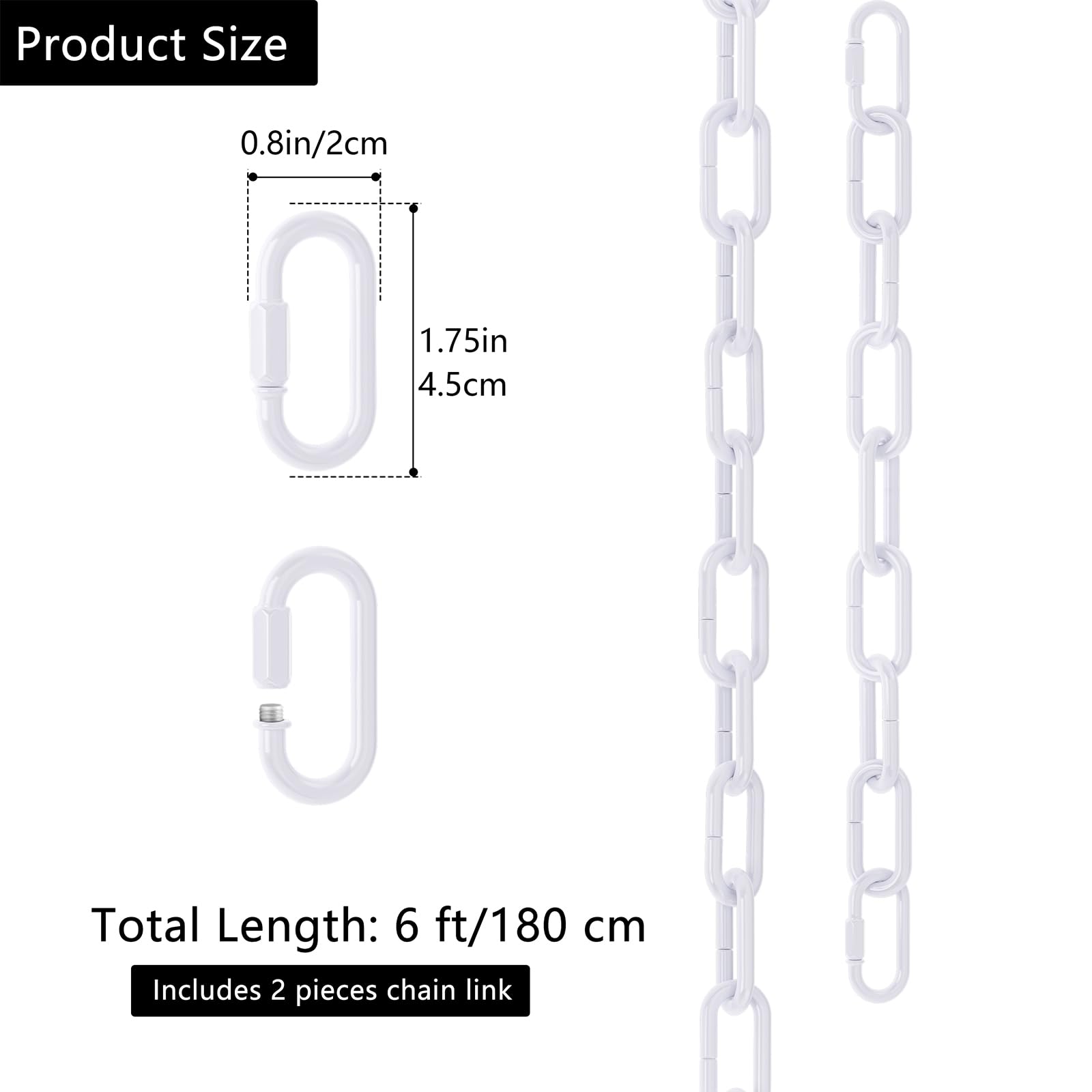 6 Feet Industrial White Light Fixture Chain, Adjustable Metal Pendant Chandelier Chain Extension With Detachable Link, Maximum L
