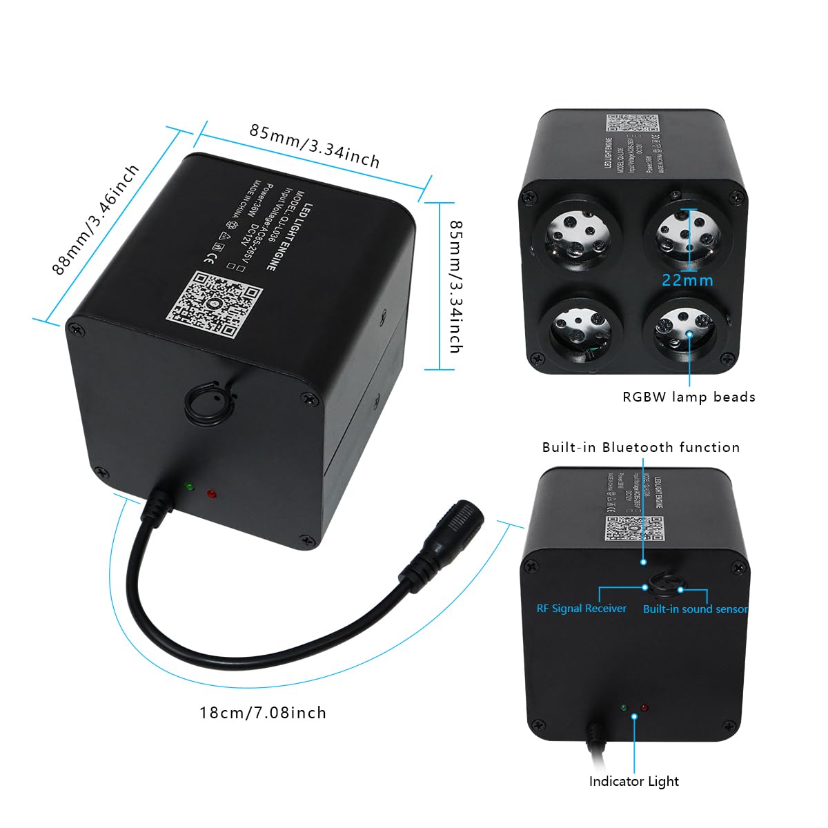 AKEPO RGBW Twinkle Fiber Optic Light Source, 36W, Multicolor, Model QJ-L036, Bluetooth Control, Music Activated, 4 Ports