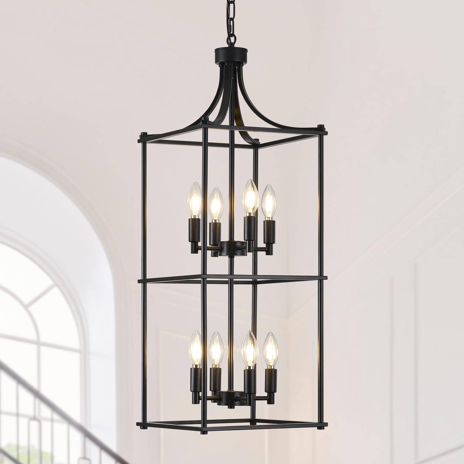 Miaybph Foyer Chandeliers For High Ceilings, Lantern Tiered Black Chandelier Square Light Fixture Metal Farmhouse Pendant Lights