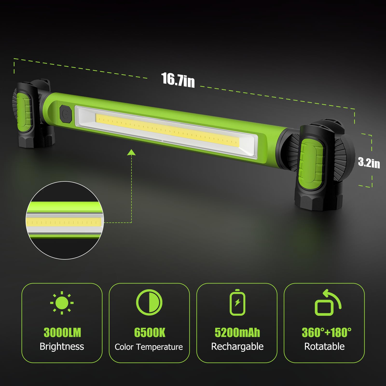Wokelux 2 Pack Work Light, 3000Lm Mechanic Work Light, 5200Mah Rechargeable Led Work Light Bar, Portable Cordless Underhood Magn