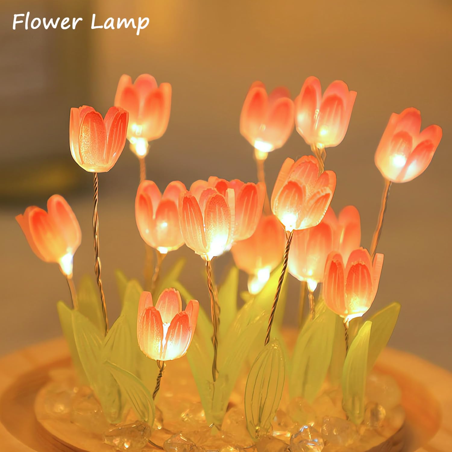 Lifnatty Tulips Lamp - Artificial Pink Tulip Night Light in Glass Dome, Unique Gifts for Women, Mom, Sister, Friends, Cute Home Decor