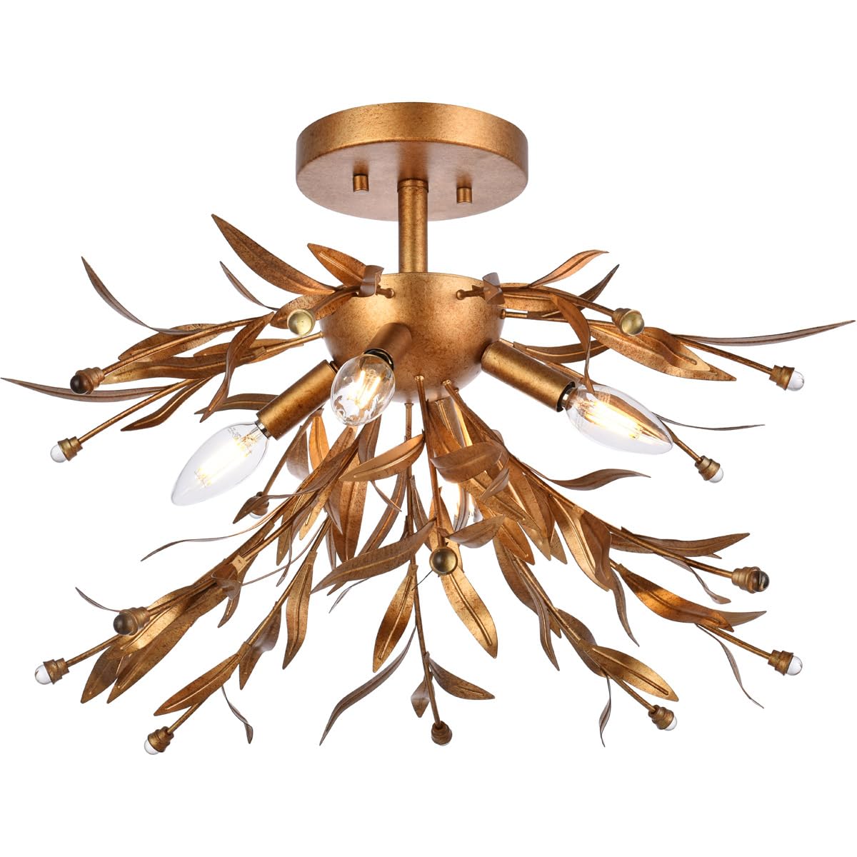Living District 4-Light Flush Mount Light Fixture, Mid-Century Design, Steel and Crystal, Gold Leaf Finish, Model LD810F19GL