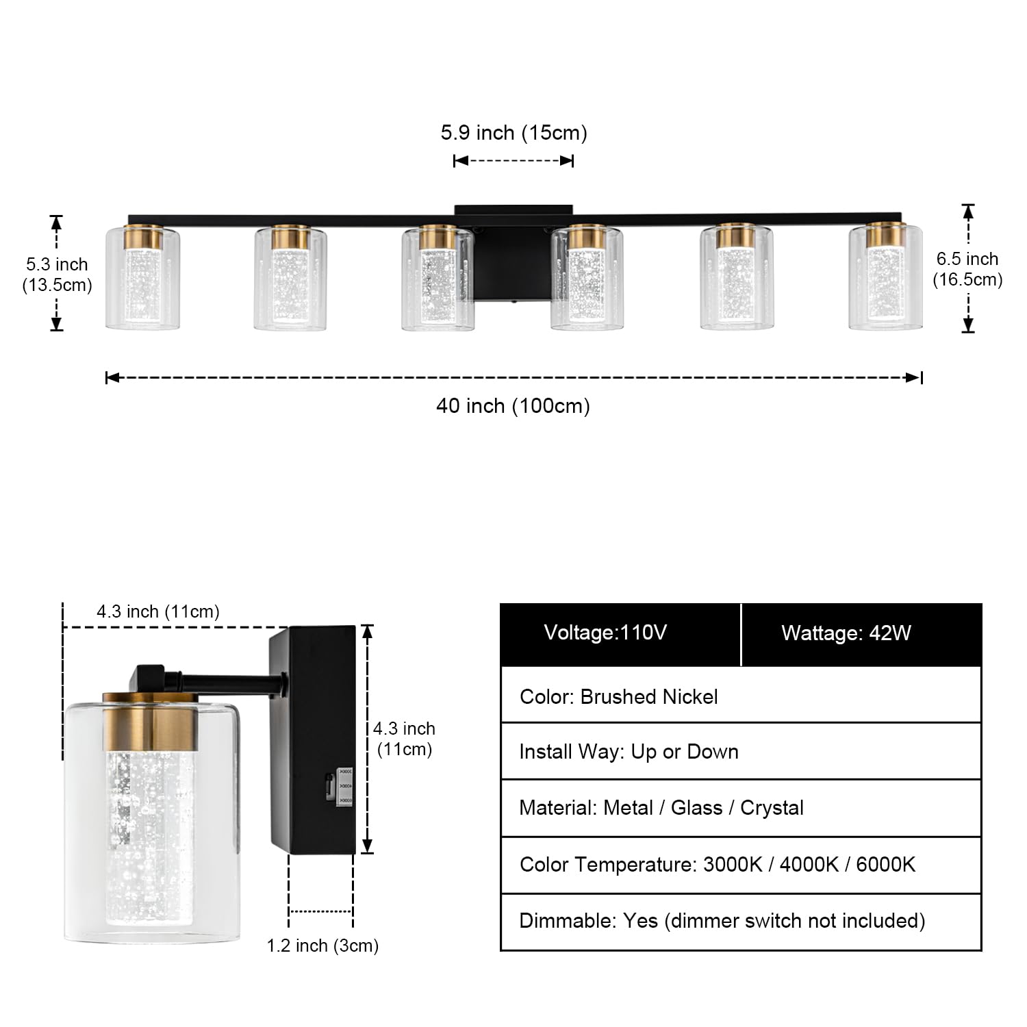 Sinerise 6-Light Black And Gold Vanity Light With 3 Color Modes (3000K/4000K/6000K), Eye Protection Led Bathroom Light Fixture,