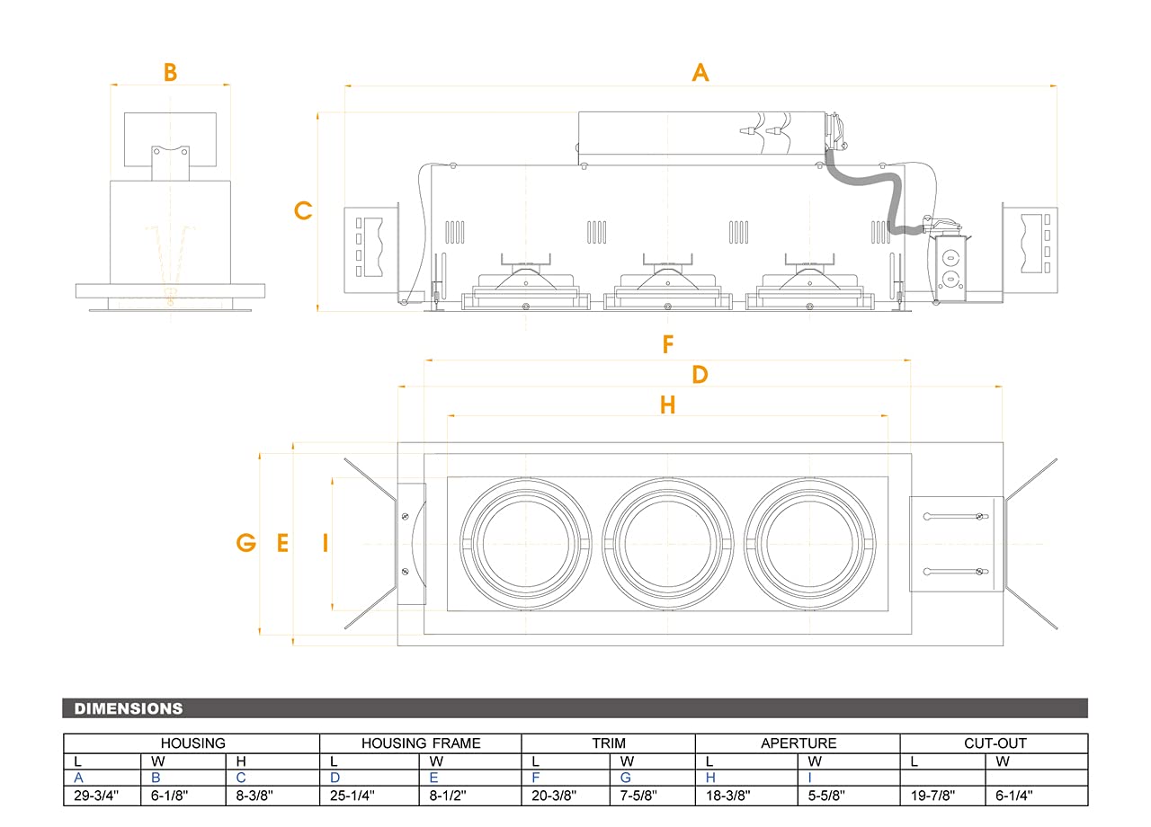 Jesco Lighting Mga175-3Esb Modulinear Directional Lighting For New Construction, Double Gimbal Ar111 3-Light Linear, Black Interior With Silver Trim
