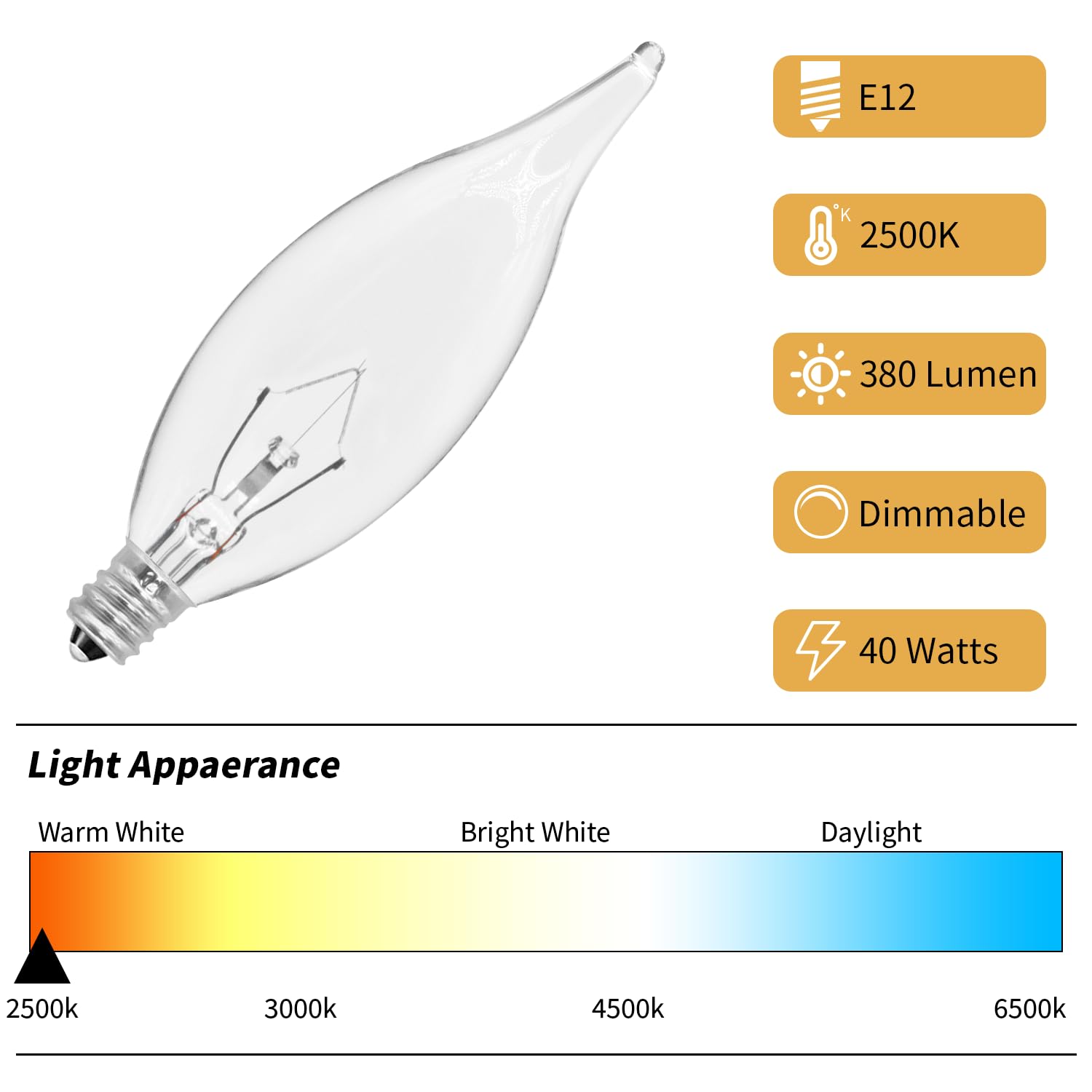 CYLYT 20-Pack E12 Candle Light Bulbs, 40W Warm White 2500K, Dimmable Chandelier Bulbs, Clear Candelabra Base, 380 Lumen