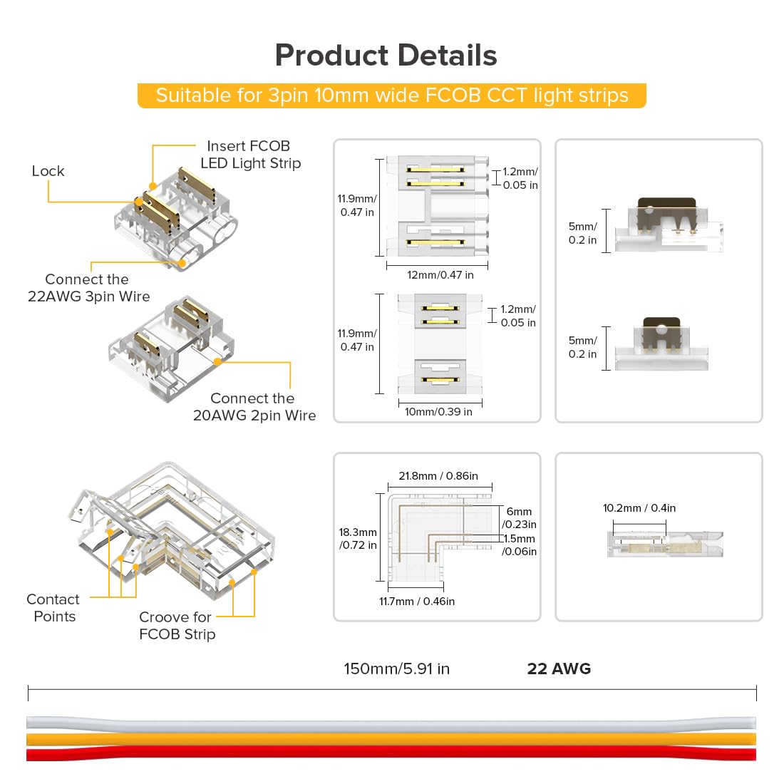 Fcob Cob 10Mm 3Pin Connector Kit 6Pcs Strip To Strip Connector 4 Pairs Of Wire To Strip Connectors 4Pcs L-Shaped Connector 5Pcs