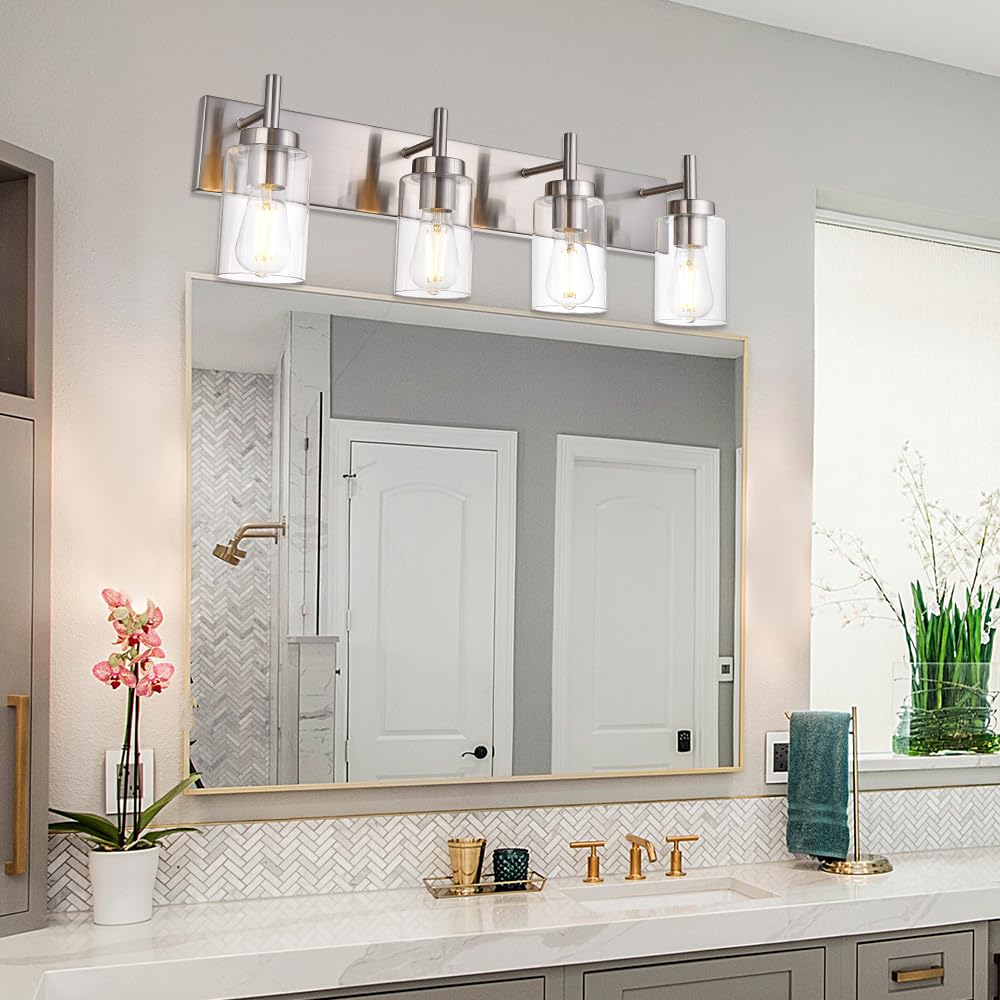 VINLUZ 4-Light Bathroom Vanity Light Fixture, Brushed Nickel Metal Sconces, Modern Industrial Design, Model 1810-4W-13