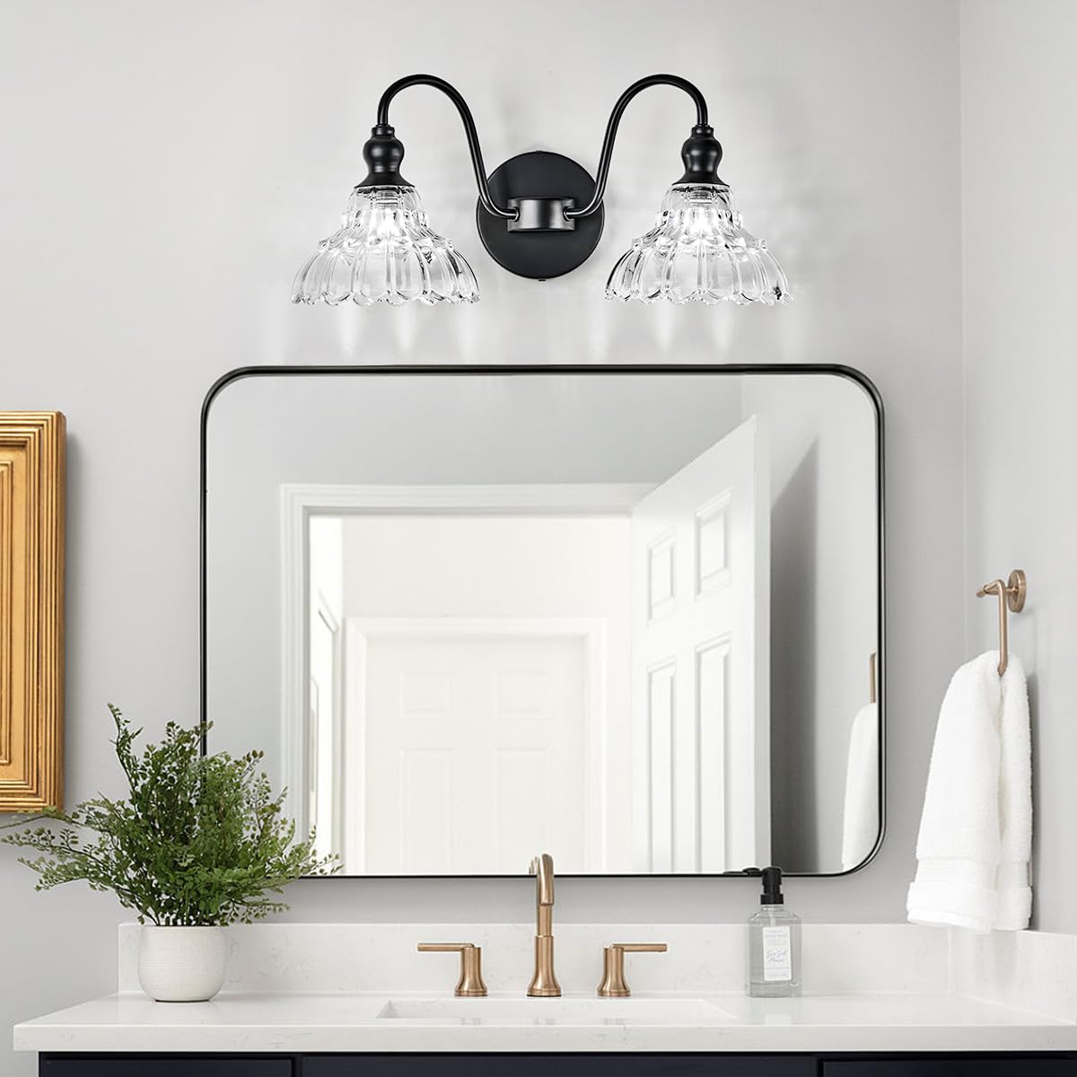 Tlolgt 2-Light Modern Wall Sconce Black Wall Light Fixtures Made Of Metal Body And Pressed Patterned Glass With Unique Design Vanity Light For Bedroom, Bathroom, Doorway, Farmhouse