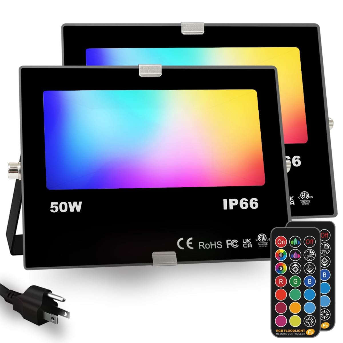 HEKEE RGB LED Flood Light 50W, 12 Colors & 4 Modes, Remote Control, IP66 Waterproof, 2 Packs, Multicolor, Model BLFL-LFCA