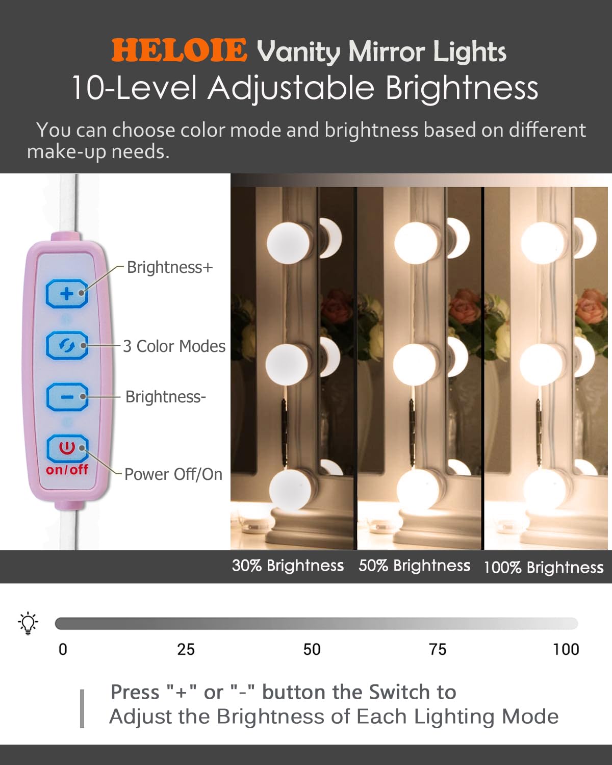 HELOIE Led Vanity Mirror Lights, 10 Dimmable Bulbs, Adjustable Color & Brightness, Pink, Model vl-10p