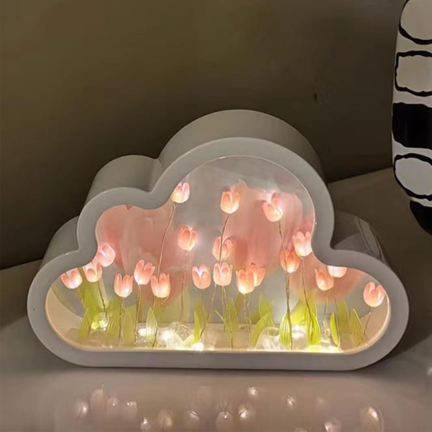 Yckeogln Diy Cloud Tulip Mirror Night Light, Simulation Flower Bedroom Cloud Tulip Table Lamp, Creative Home Decoration, Room Decor For Teen Girls(Pink)