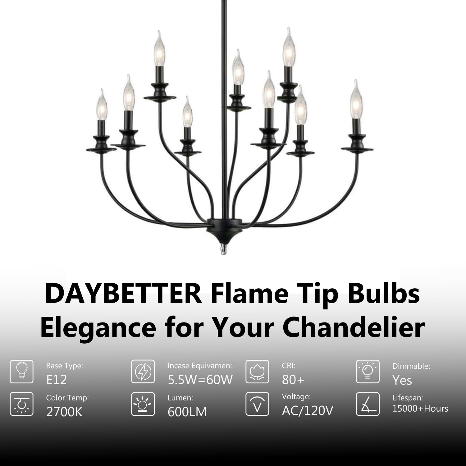 Daybetter 6 Pack Dimmable Candelabra Light Bulbs, Flame Tip Vintage Led Candle Bulbs, E12 Small Base, 60 Watt Equivalent, 5000K