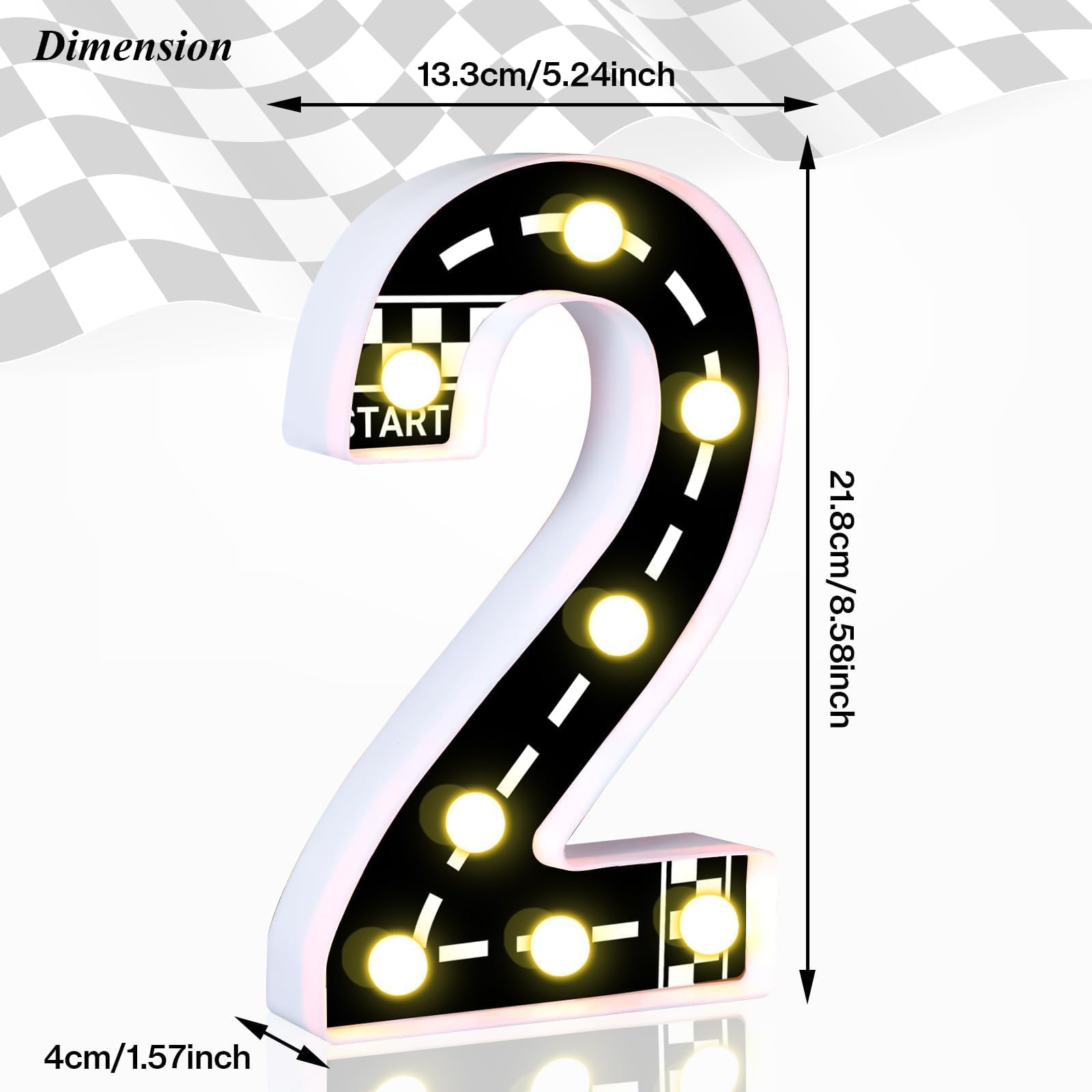 AXBMM Racing Car Birthday Light Up Sign, Number 2, Checkered Decor, Polypropylene, White/Black, Model XY-299
