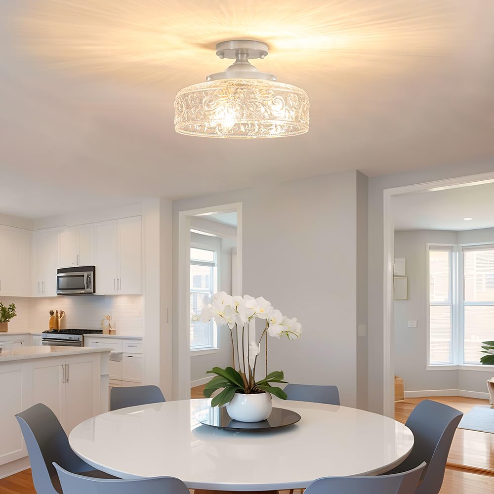 Brushed Nickel Semi Flush Mount Ceiling Light  3-Light Close To Ceiling Light  Flush Mount Ceiling Lighting With Globe Glass  Farmhouse Closet Fixtures For Hallway Bedroom Entryway Kitchen Porch E12