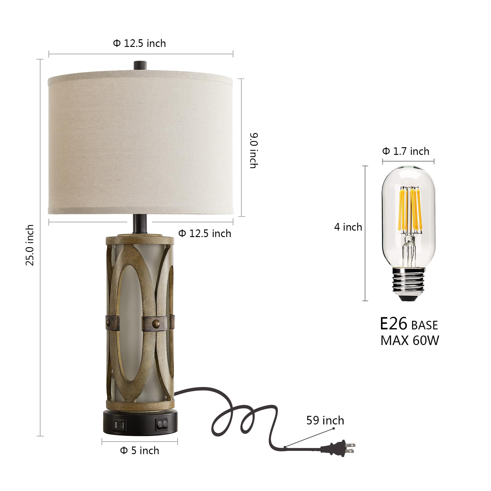 Aieampdo Table Lamps Set Of 2 For Living Room, Rustic Farmhouse Bedroom Nightstand Lamp With Dual Usb Ports, Vintage Bedside Lam