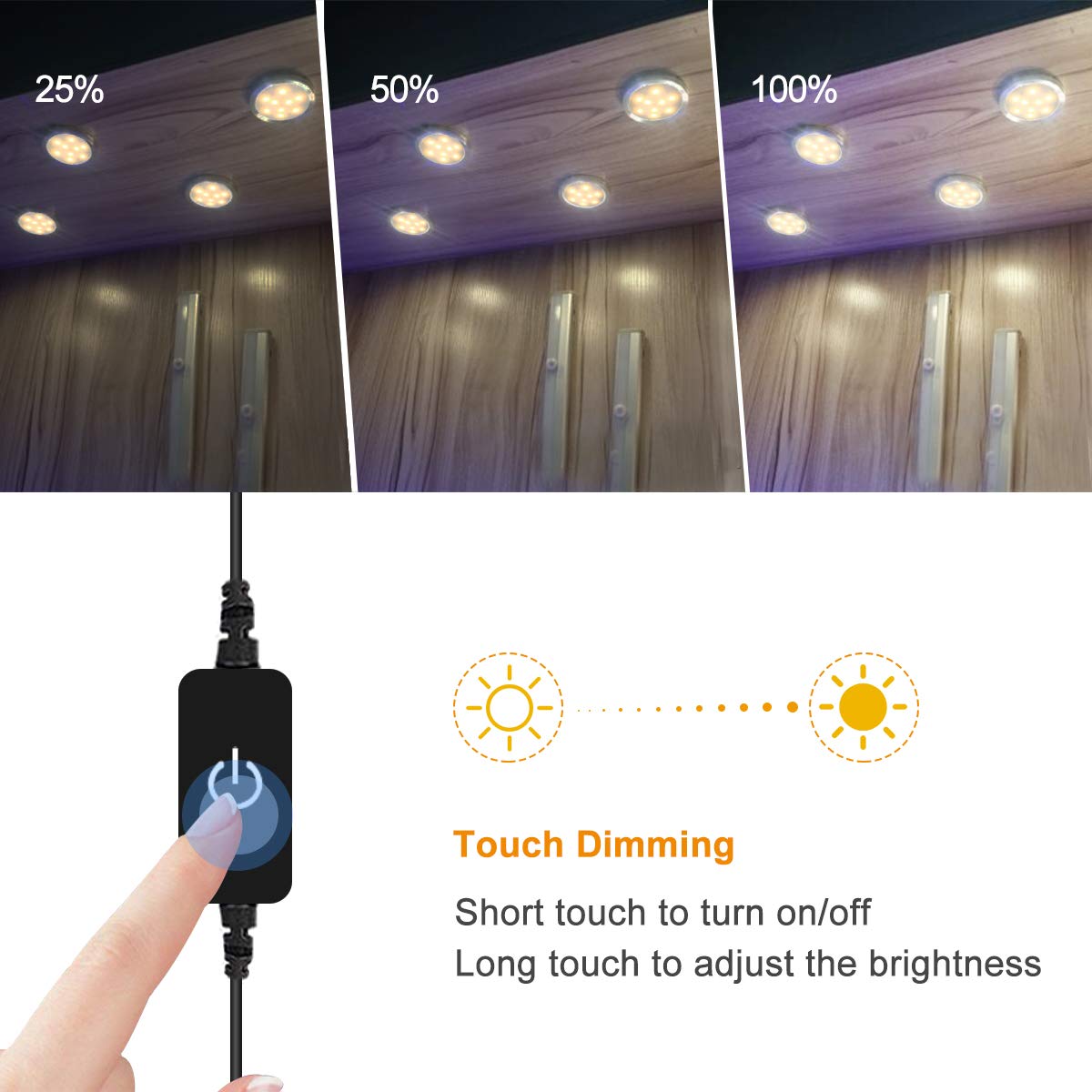 YGS-Tech LED Puck Lights, 3000K Warm White, Aluminum, Touch Dimming, 3-Pack, Under Cabinet Lighting, Silver Trim