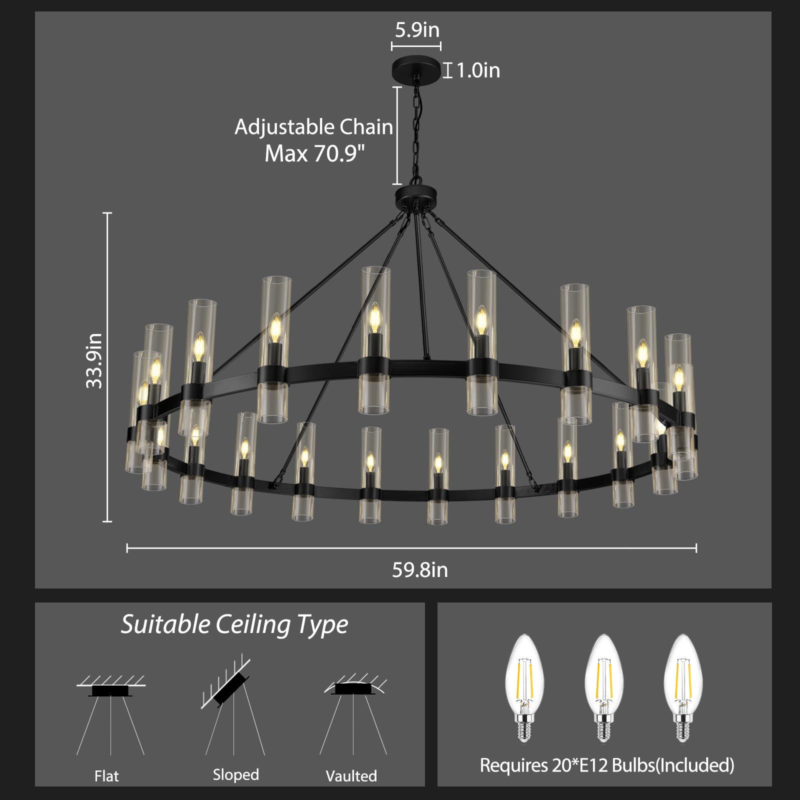 VARTTYAL Black Wagon Wheel Chandelier, 60 Inch, 20-Light, Modern Farmhouse Style, Glass Shade, Bulbs Included