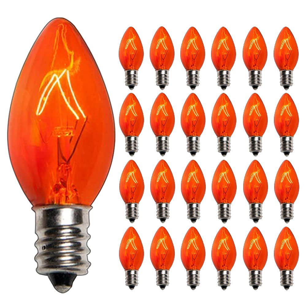 SUNSGNE C7 Orange Light Bulbs, 25 Pack, Clear Orange Incandescent, E12 Candelabra Base, 5 Watts