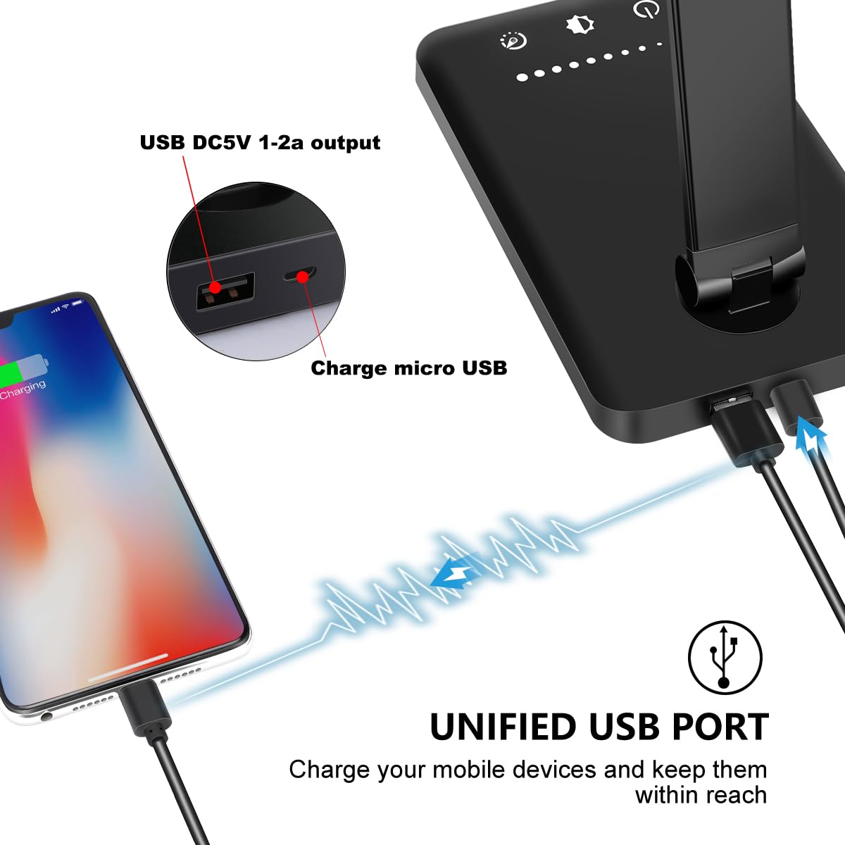 White Crown LED Desk Lamp, Dimmable, 5 Lighting Modes, USB Charging, First-Generation, Black, Model QM019