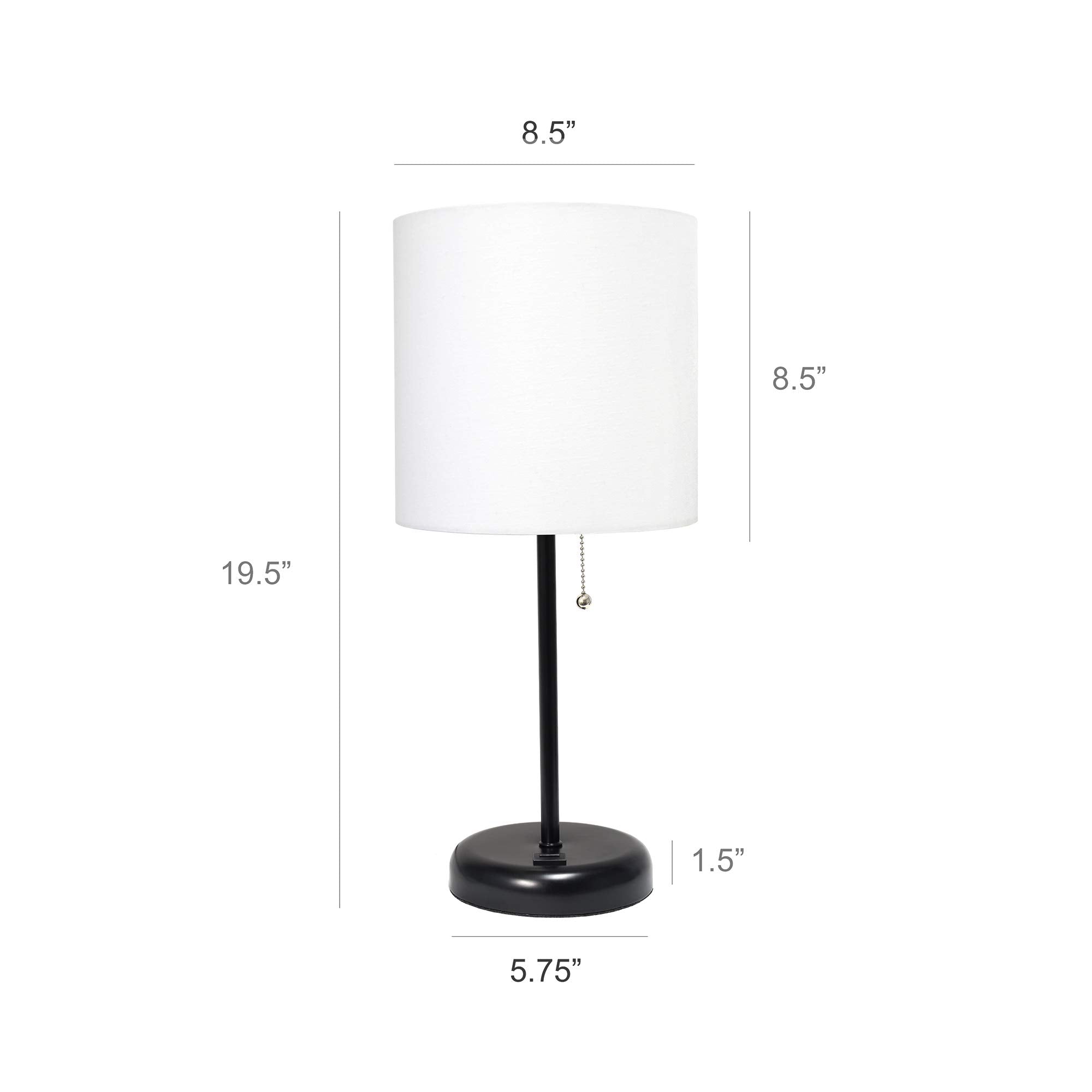 Simple Designs Lt2044-Baw Black Stick Table Desk Lamp With Usb Charging Port And Drum Fabric Shade, White Shade