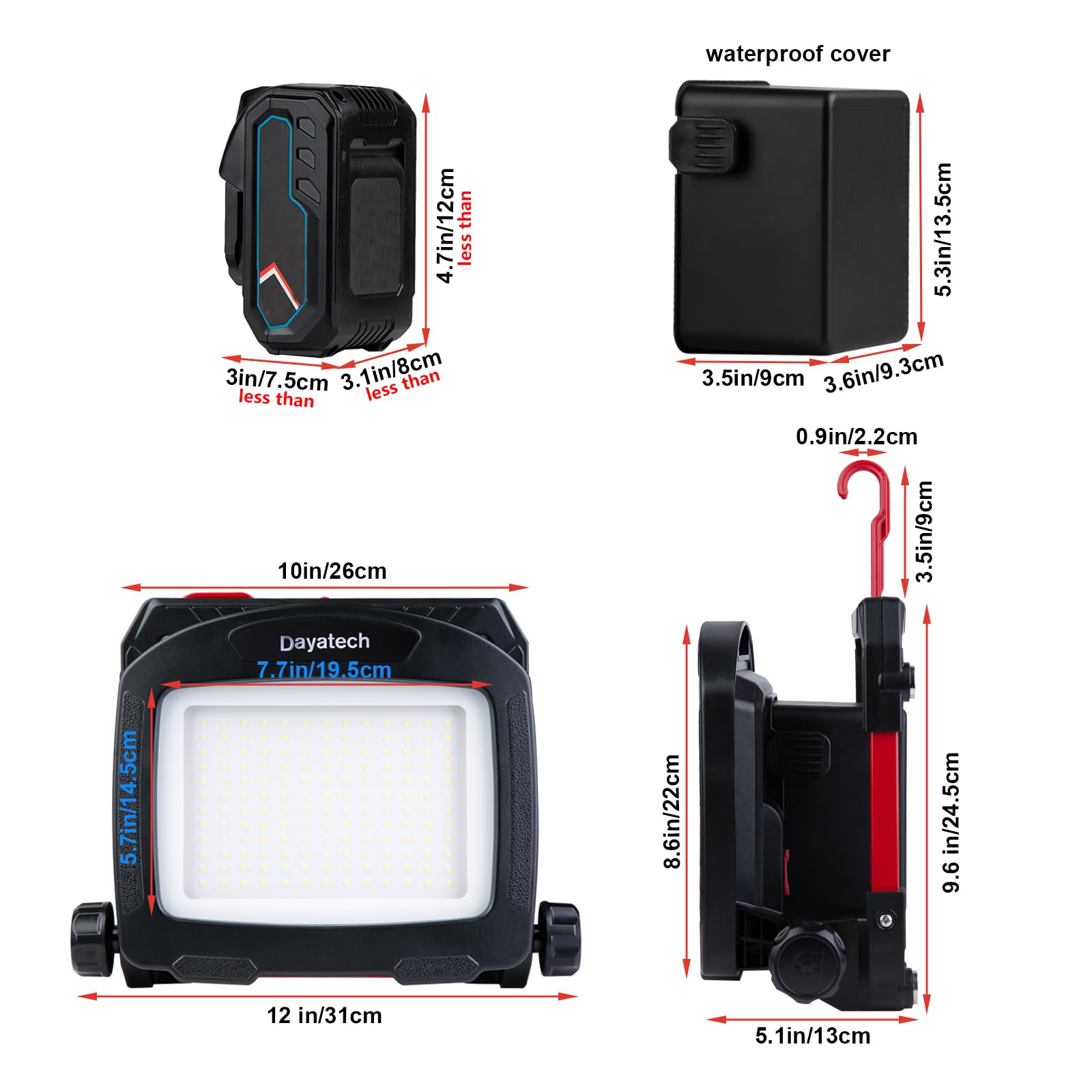 DAYATECH 50W 7000LM Waterproof LED Work Light, Compatible with Dewalt, Milwaukee and Makita 18-21V Battery, Foldable Magnetic Ba