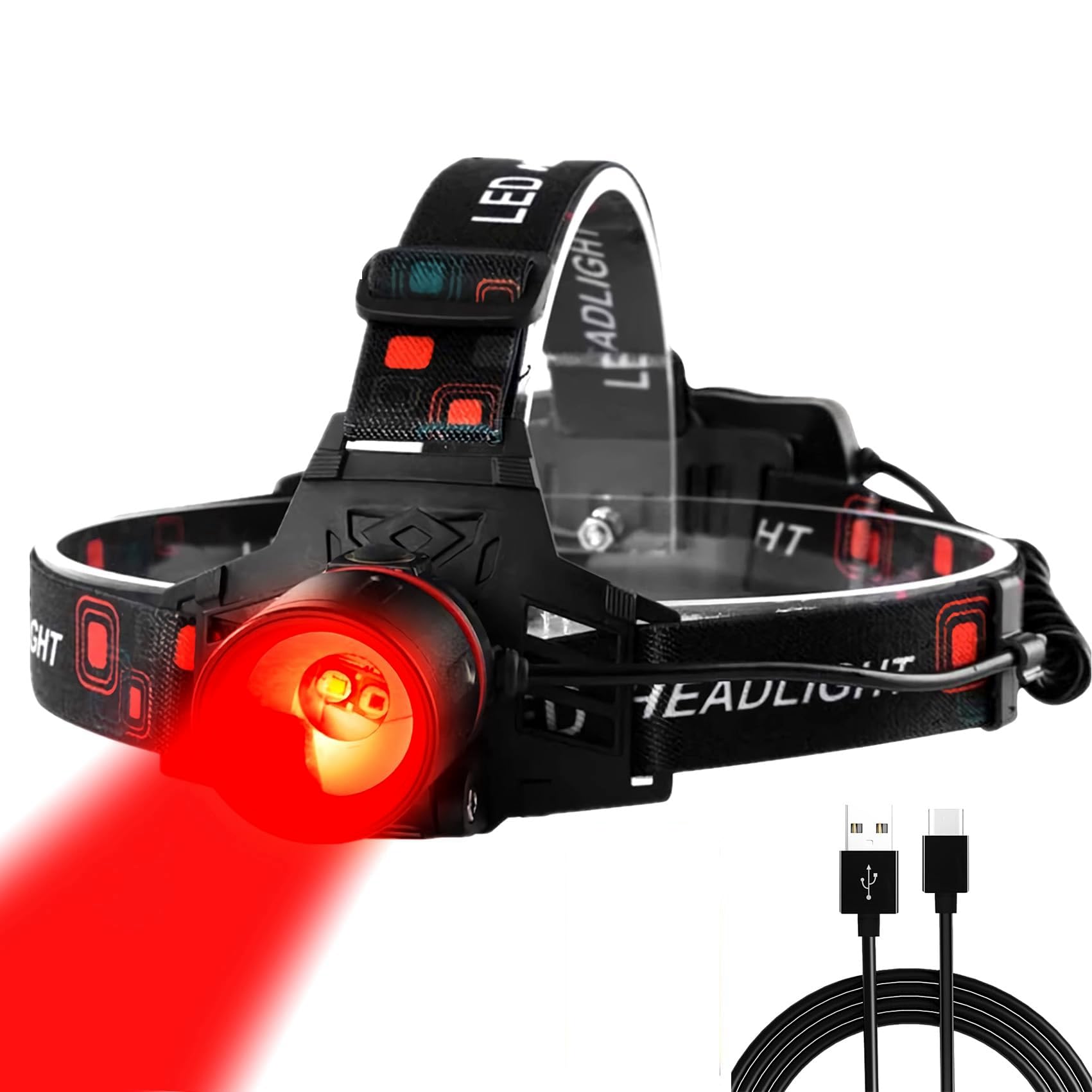 LUXNOVAQ Red Light Headlamp for Hunting, LED Rechargeable Headlamps, 3 Modes Zoomable Night Hunting Light,Waterproof Tactical he