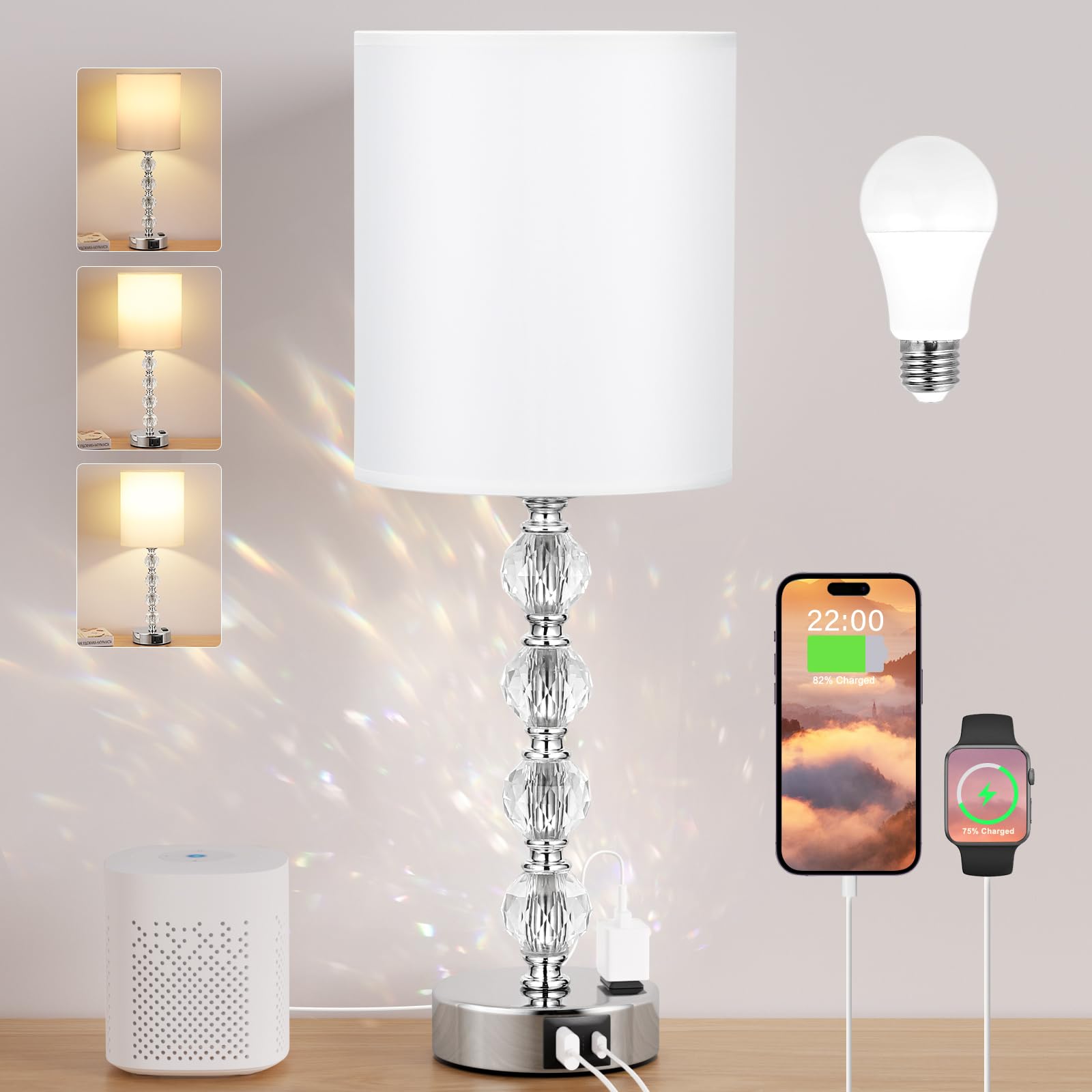 Acaxin Touch Bedside Crystal Lamp with USB Charging Ports, 18in, Silver, 3 Way Dimmable, Model ACA-TL-Mini4-White-Large