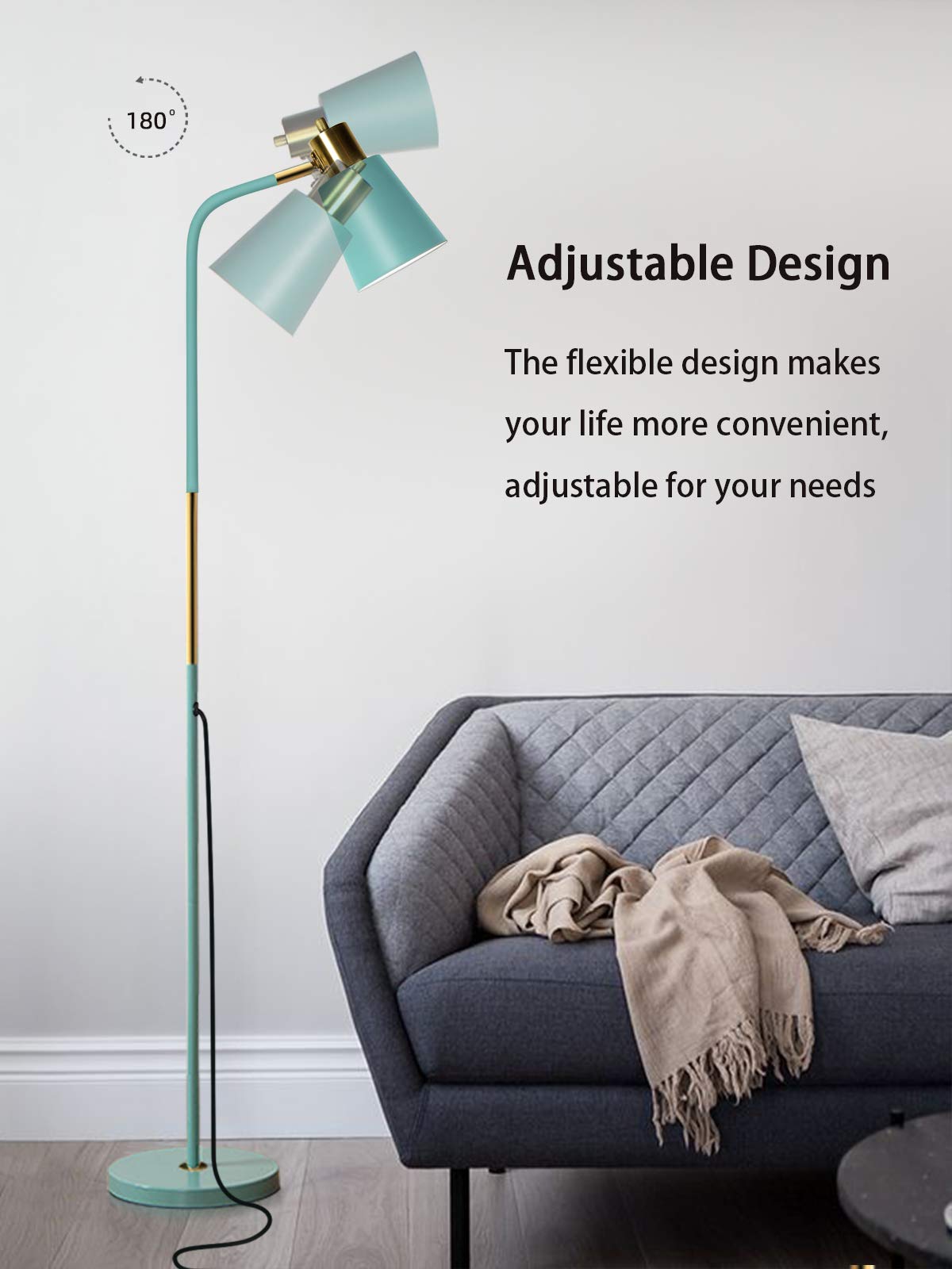 LALISU Industrial Floor Lamp - Adjustable Metal Heads, Green, Rustic Farmhouse Design for Living Room, Bedroom, Office Indoor Task Lighting