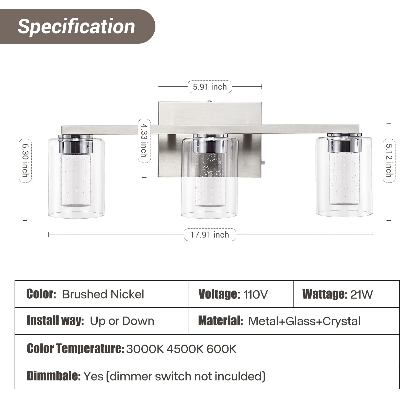 Stambord Bathroom Vanity Light Fixture, 3-Light Brushed Nickel, Dimmable LED with Crystal Bubble & Clear Glass