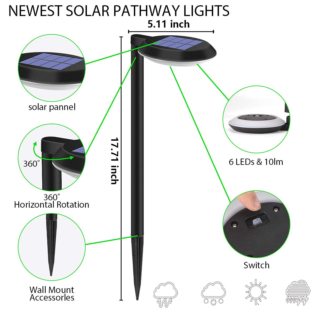 Kinna Outdoor Solar Path Lights Waterproof Landscape Pathway Light With 6 White Leds Garden Lighting Decorative For Patio Drivew