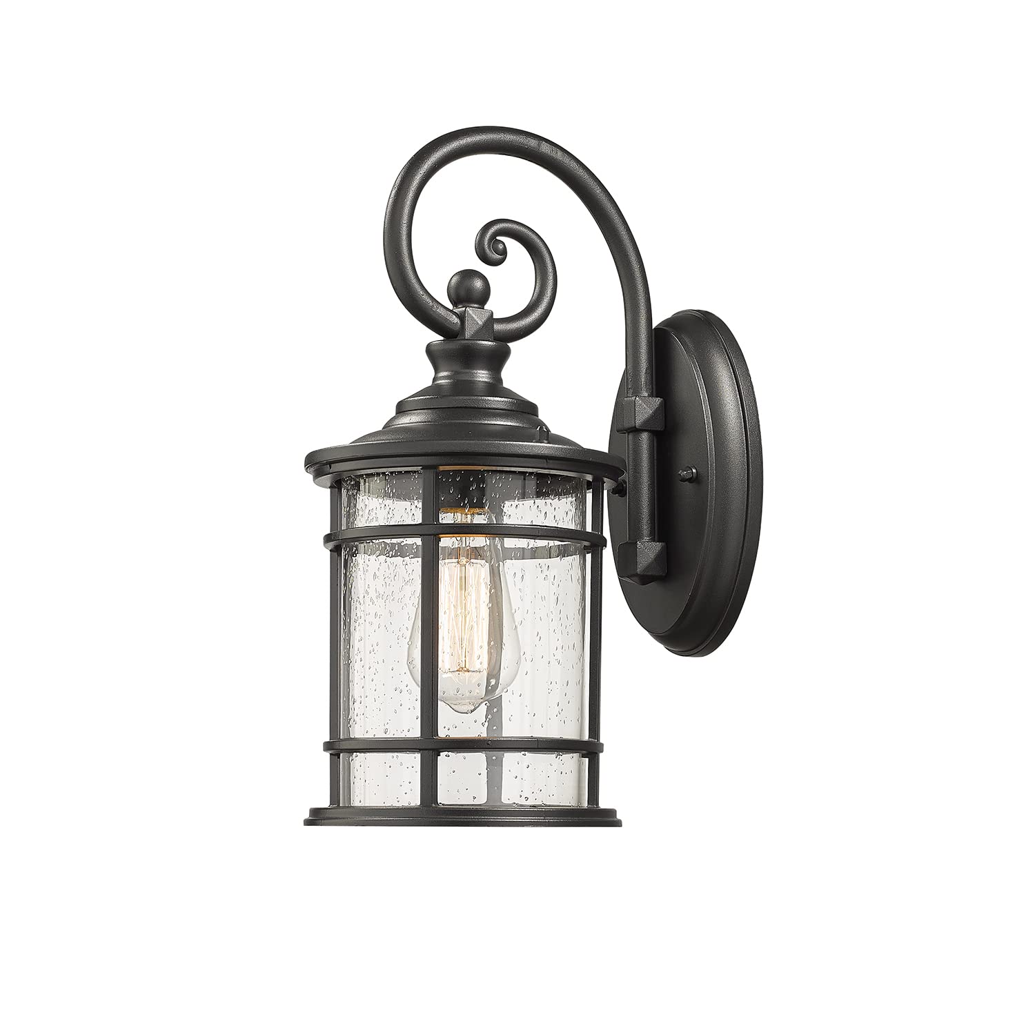 Emliviar Modern Outdoor Wall Lantern, Black Seeded Glass, 15.5&quot; Height, Garage/Porch Light
