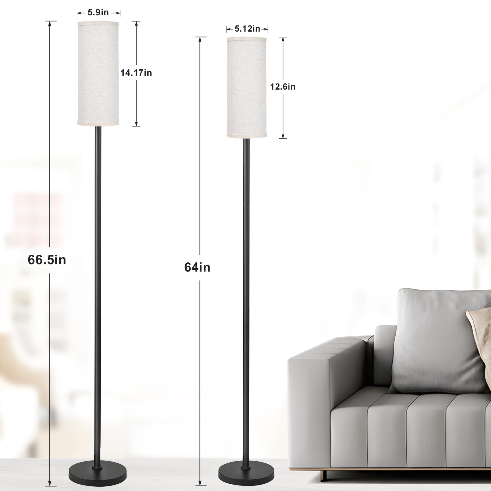 Ambimall 66'' Floor Lamps For Living Room With Remote Control And Stepless Dimmable Colors Temperature & Brightness, 9W Bulb Included(Beige Lampshade & Black Pole)