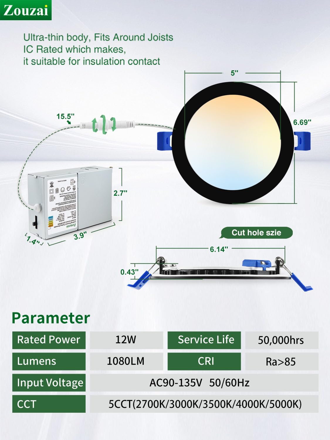 Zouzai 1 Pack 6 Inch Black 5Cct Reset Ultra-Thin Led Recessed Ceiling Light With Junction Box, 2700K/3000K/3500K/4000K/5000K Sel