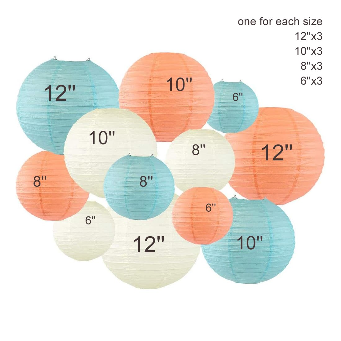 Foclover 12Pcs Peach Light Blue Ivory Hanging Round Chinese Paper Lanterns Decorative, For Decorations Thanksgiving Party Fall H