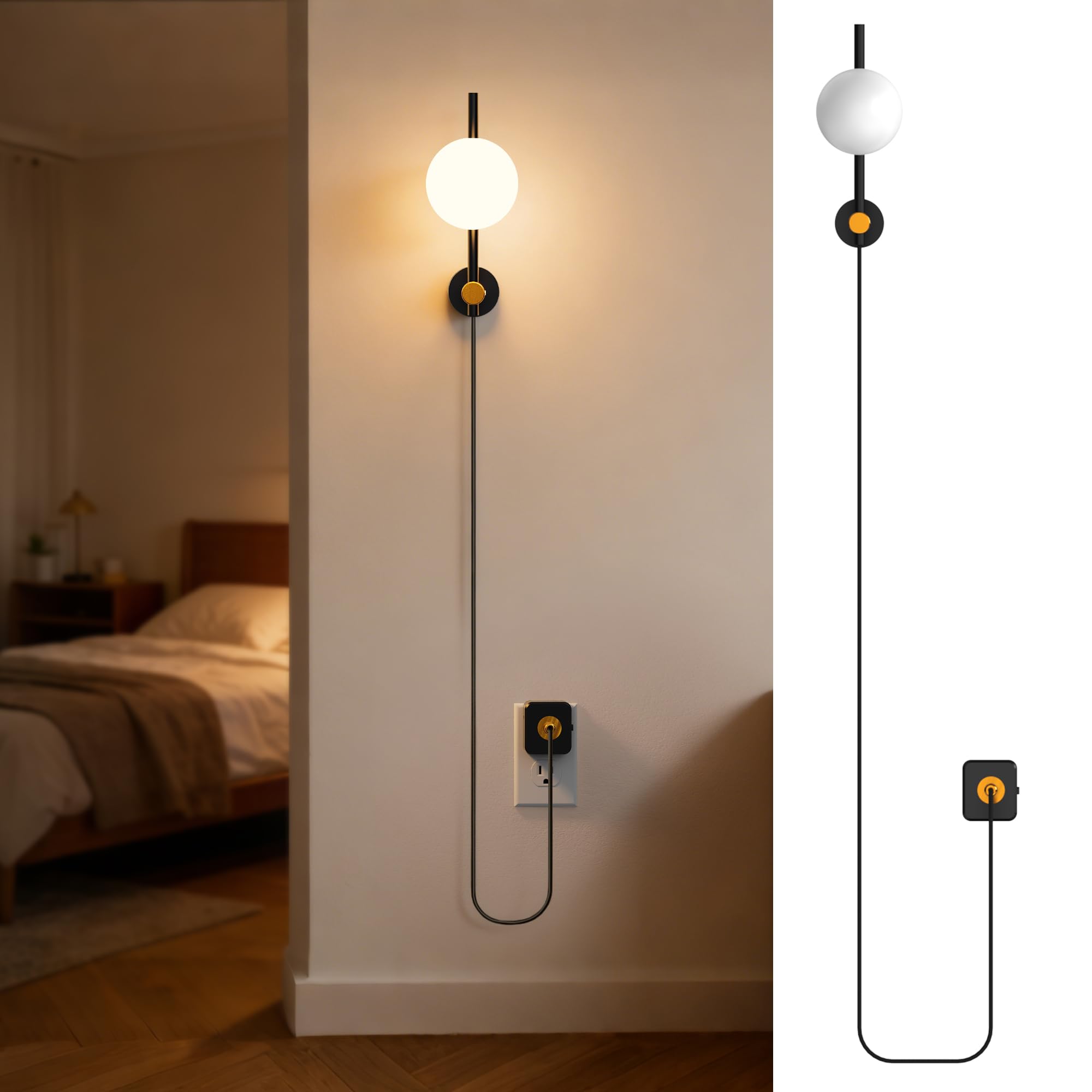 JandCase Night Lights Plug into Wall, 3000K Round Milky Night Light with 1.5M Braided Cord, 0-100 LM Adjustable Plug in Nightlig