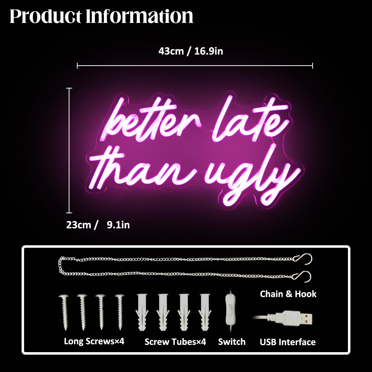 CKTBLEY Neon LED Sign - Better Late Than Ugly - Pink Acrylic Wall Decor for Beauty Room, Bedroom, Salon, Wedding, Party